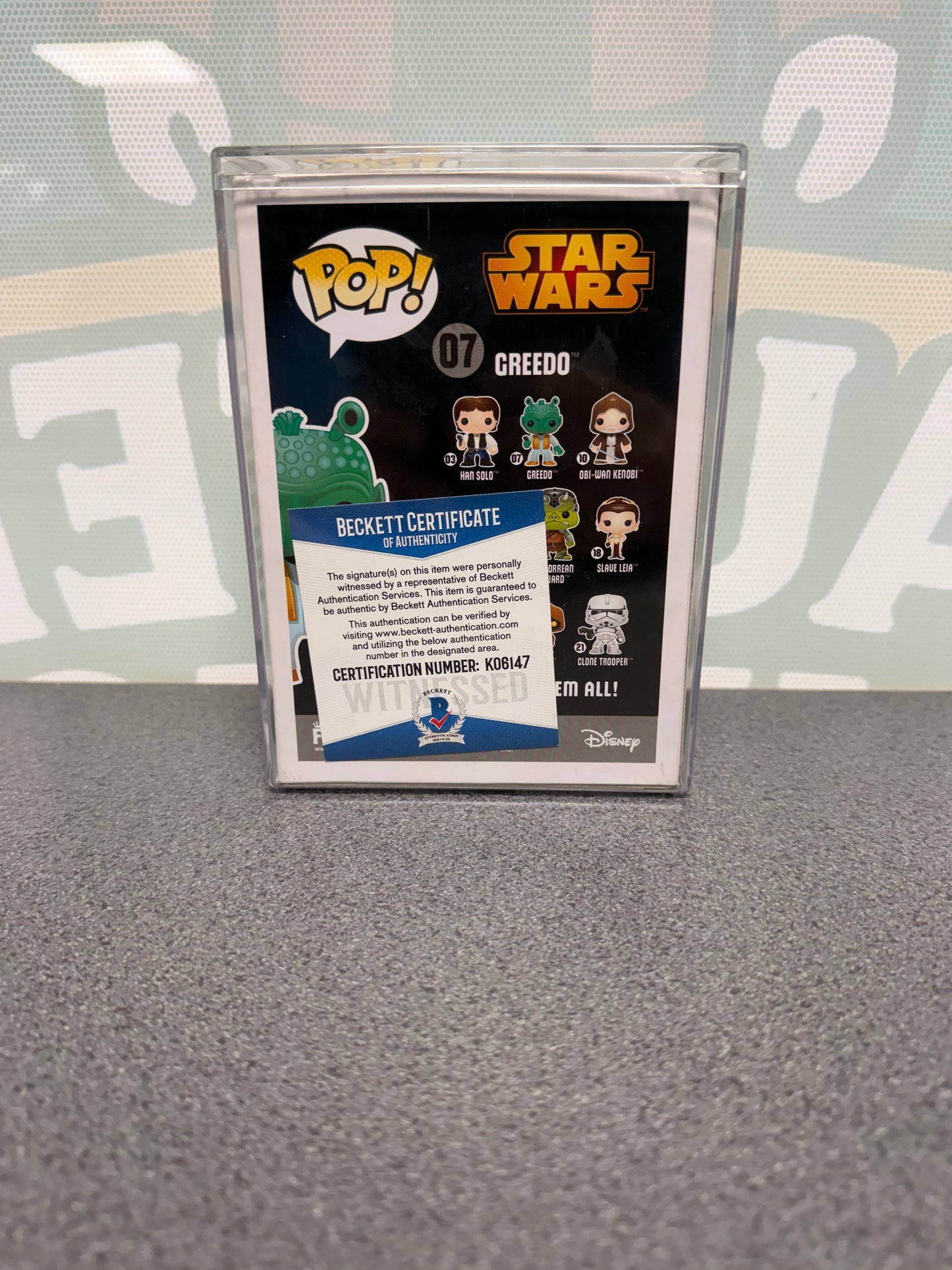 Paul Blake signed Greedo Funko Pop #07 – rear with Beckett certificate K06147