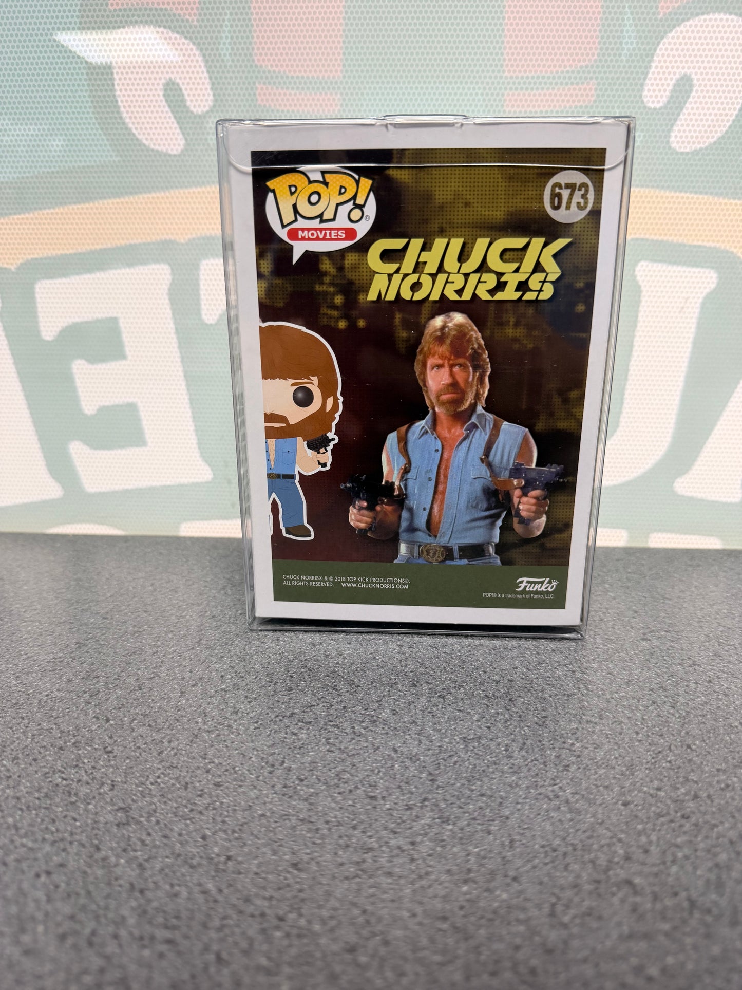Chuck Norris signed Funko Pop #673 – rear of box