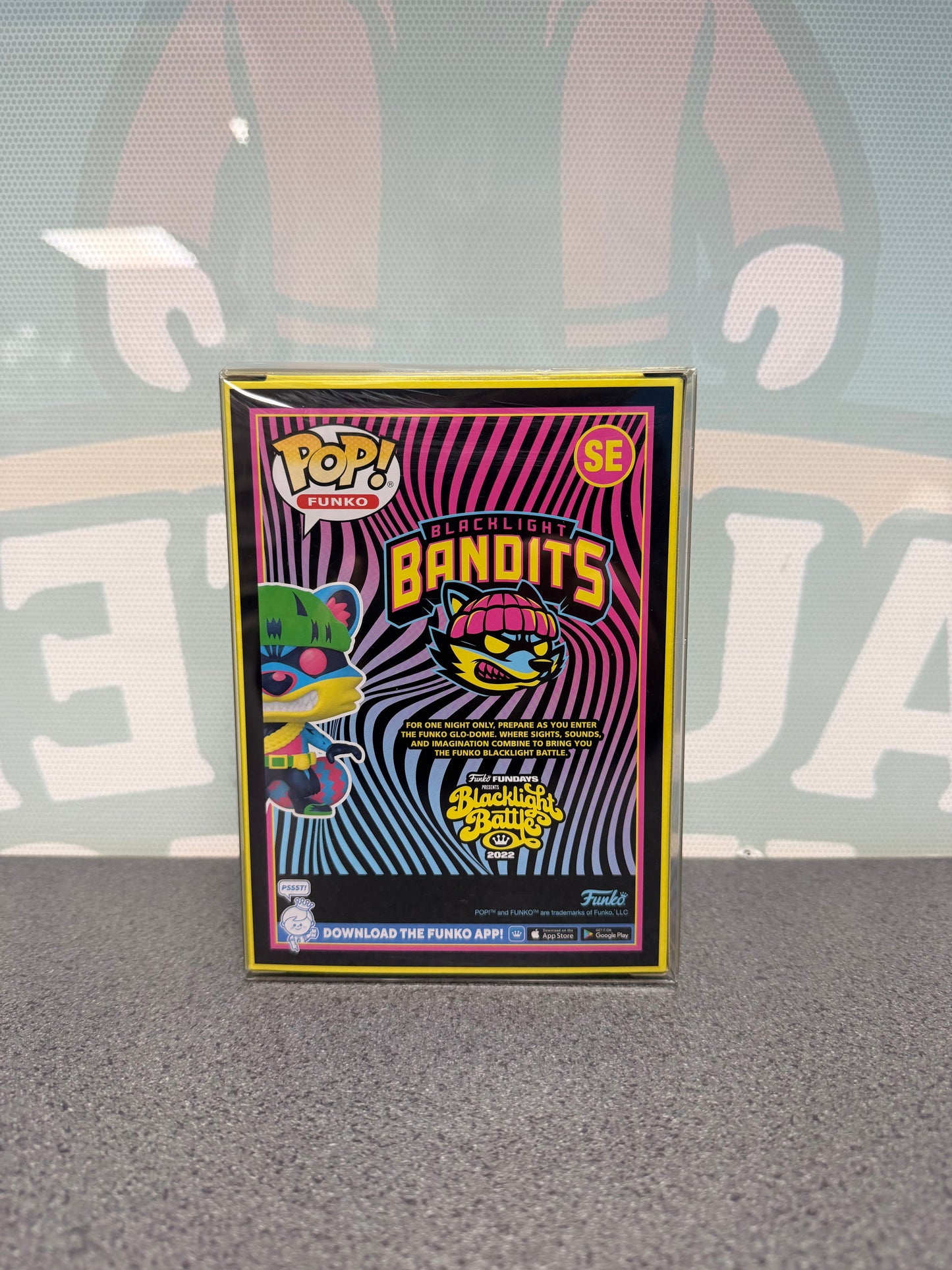 Rear of the Blacklight Bandits Funko Pop! SE box with Fundays Blacklight Battle 2022 artwork.