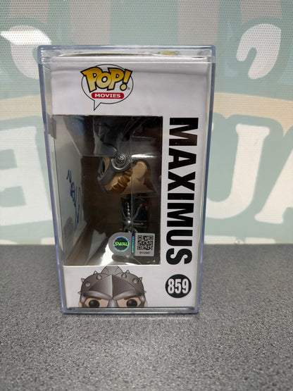 Side of signed Maximus Funko Pop! #859 box showing SWAU authentication hologram S112587