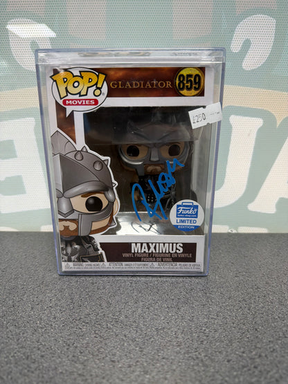 Maximus Funko Pop! #859 from Gladiator, signed in blue by Russell Crowe, with Funko Shop Limited Edition sticker