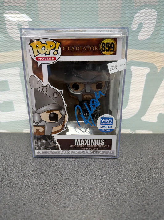 Maximus Funko Pop! #859 from Gladiator, signed in blue by Russell Crowe, with Funko Shop Limited Edition sticker