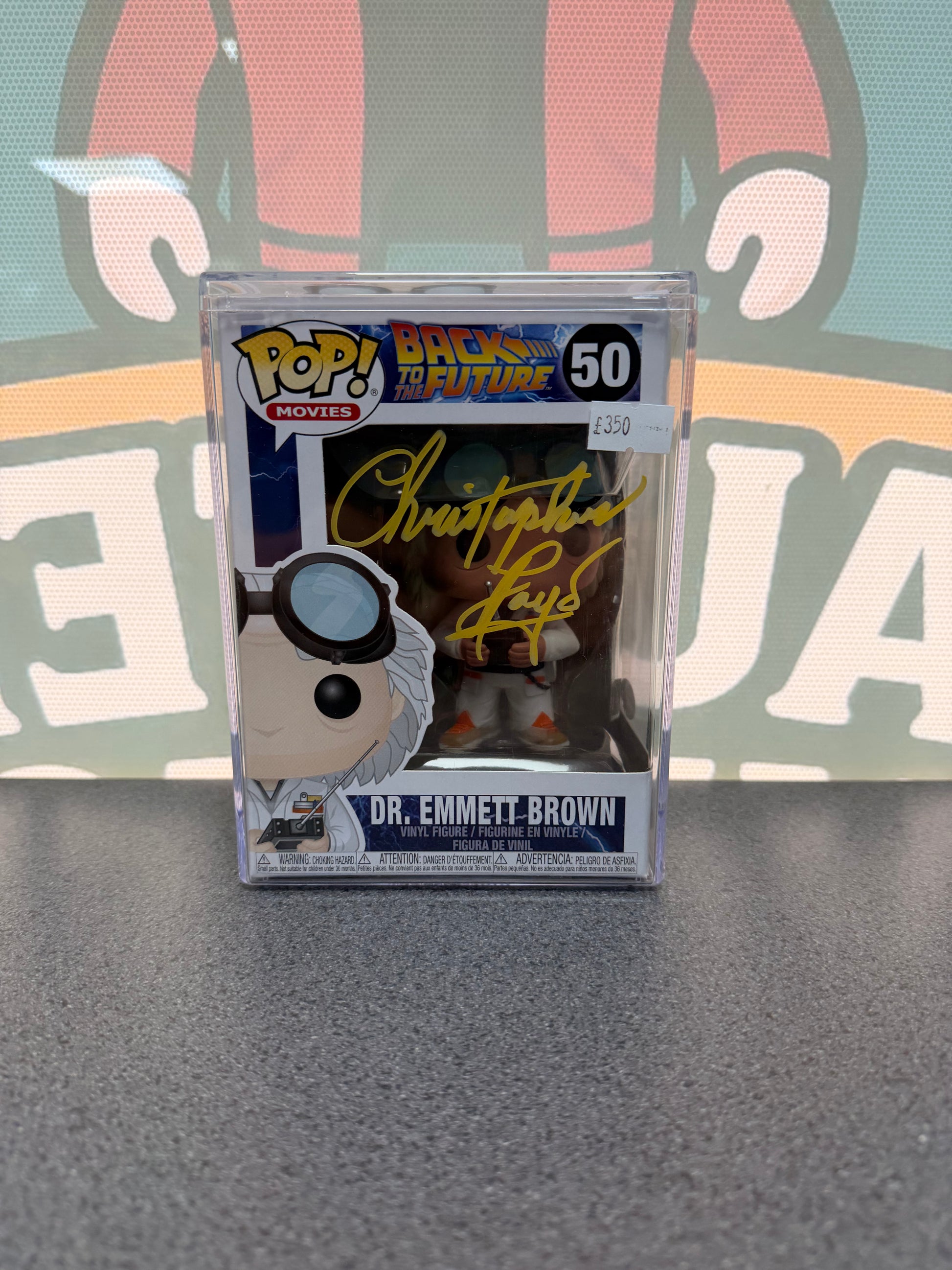 Signed Dr. Emmett Brown Funko Pop 50, front box view