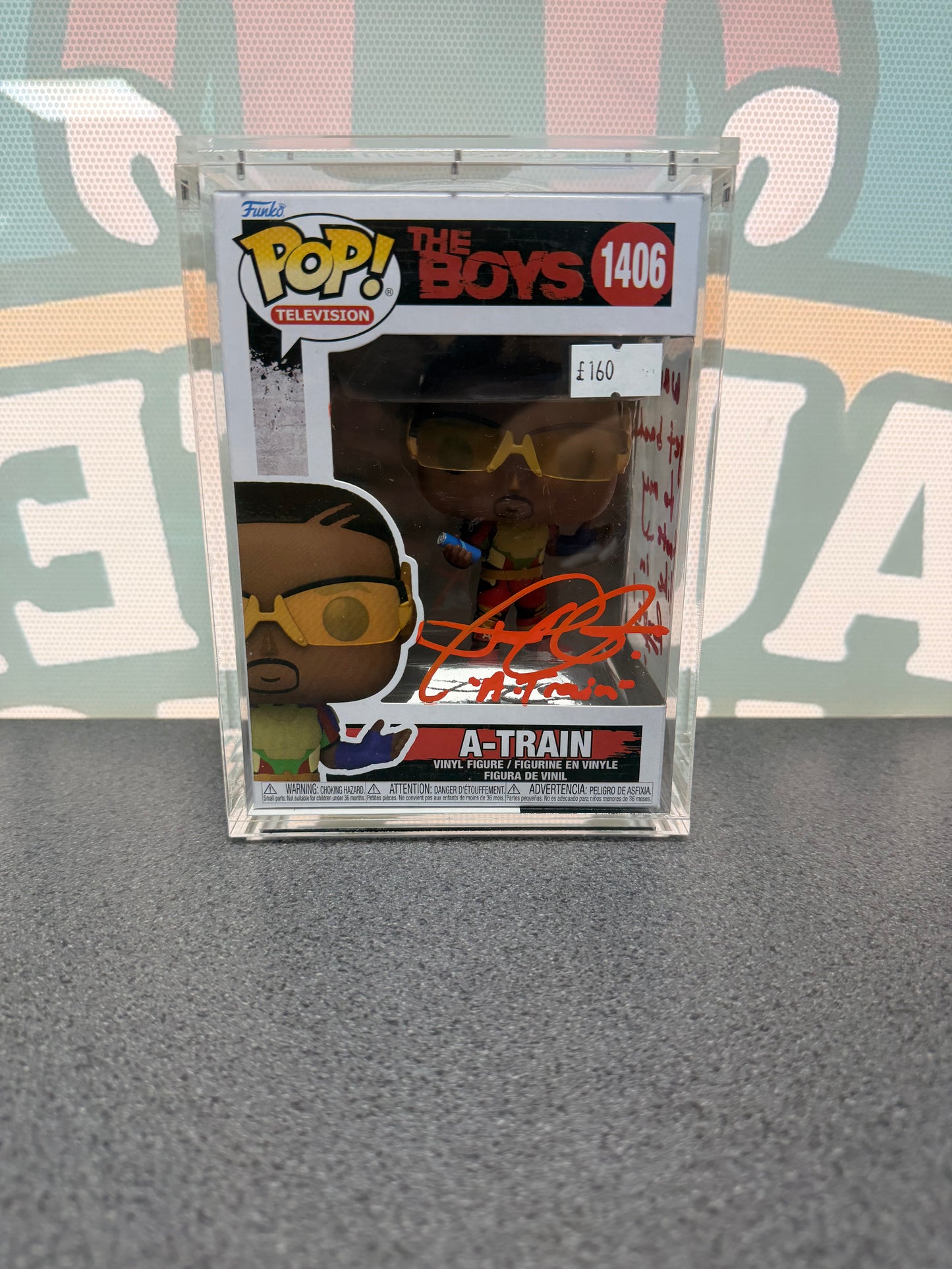 Signed A-Train Funko Pop 1406, front box view