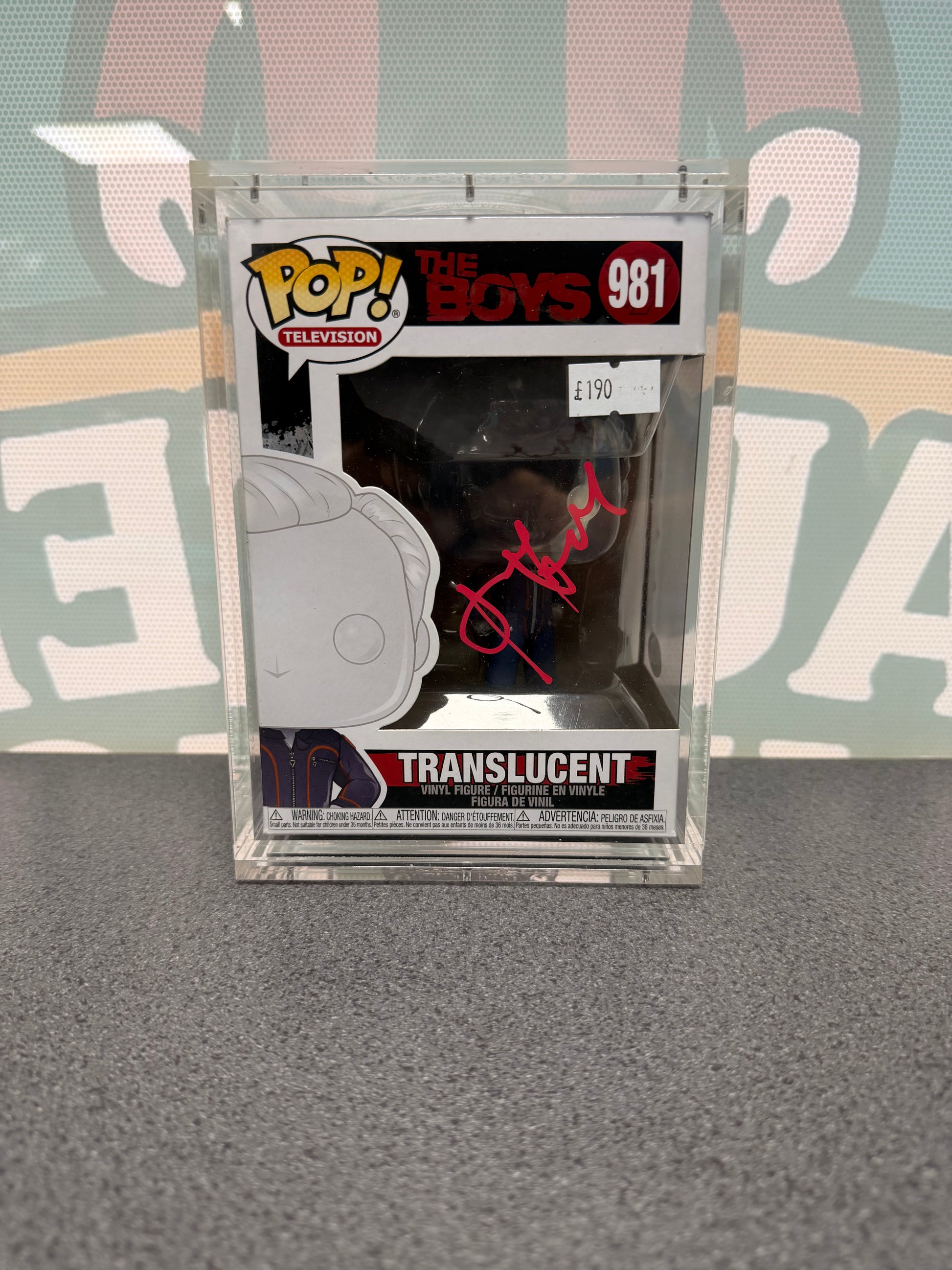 Alex Hassell signed Translucent Funko Pop 981, front box view