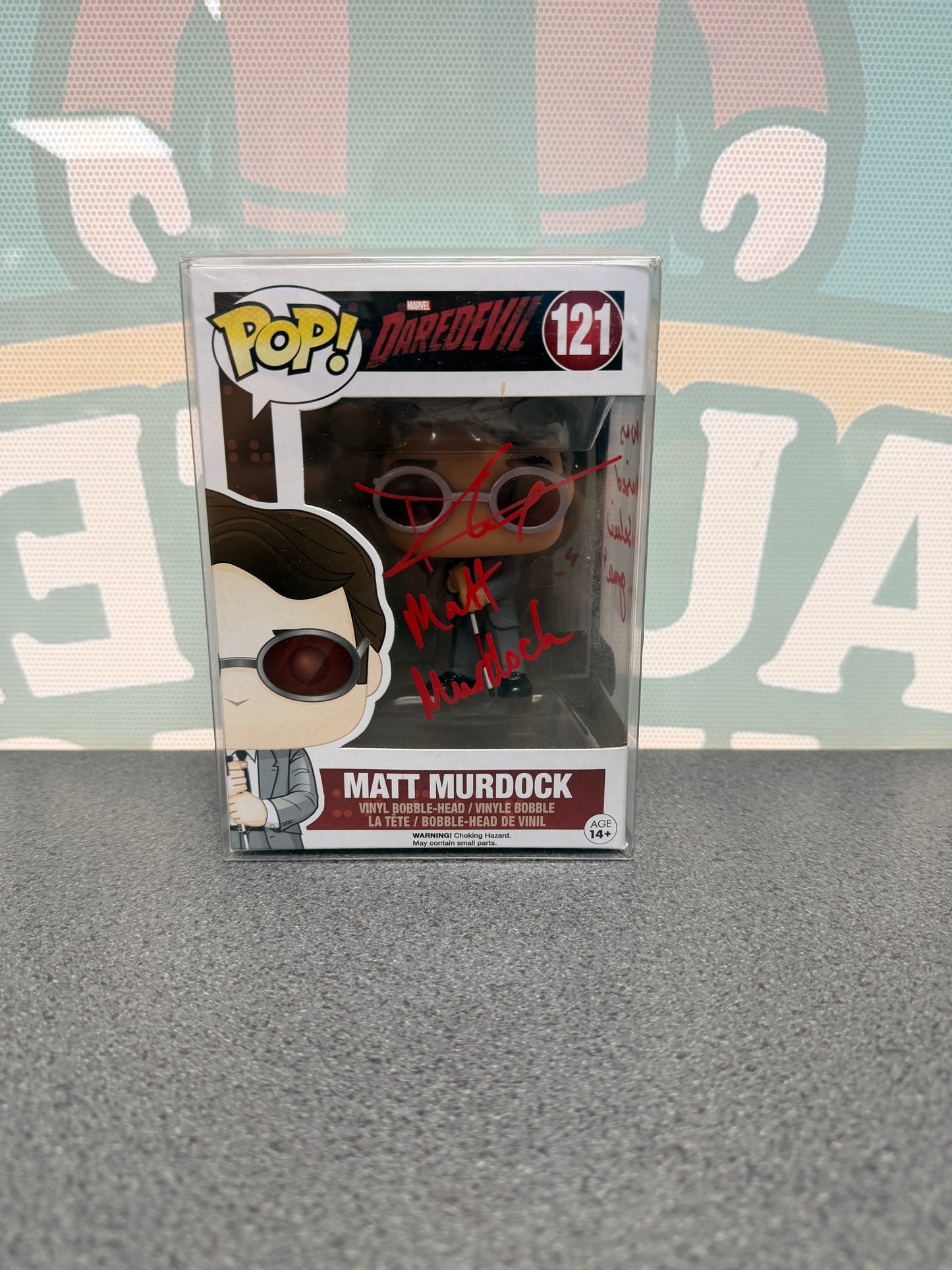 Charlie Cox signed Matt Murdock Funko Pop 121, front box view