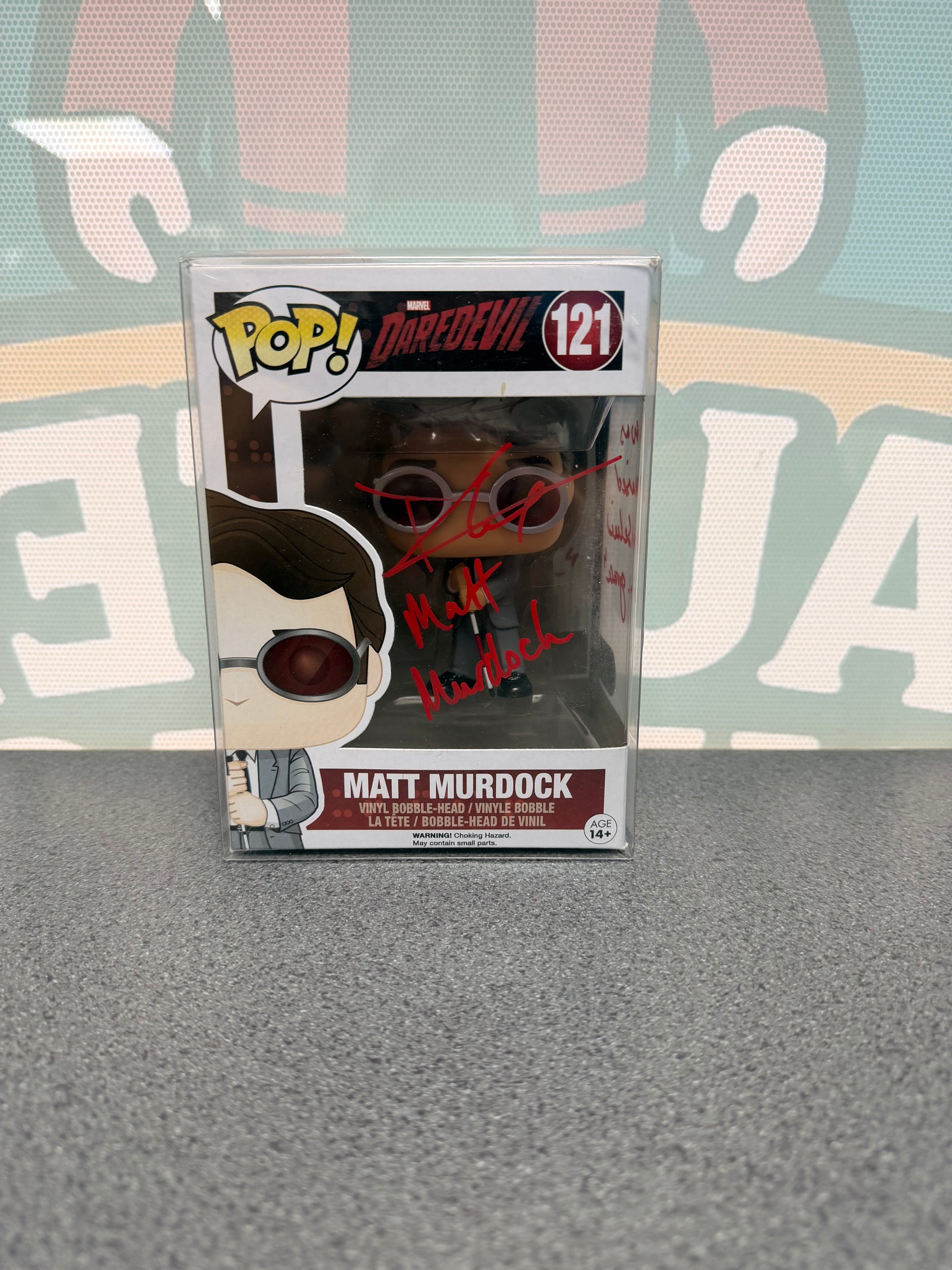 Charlie Cox signed Matt Murdock Funko Pop 121, front box view