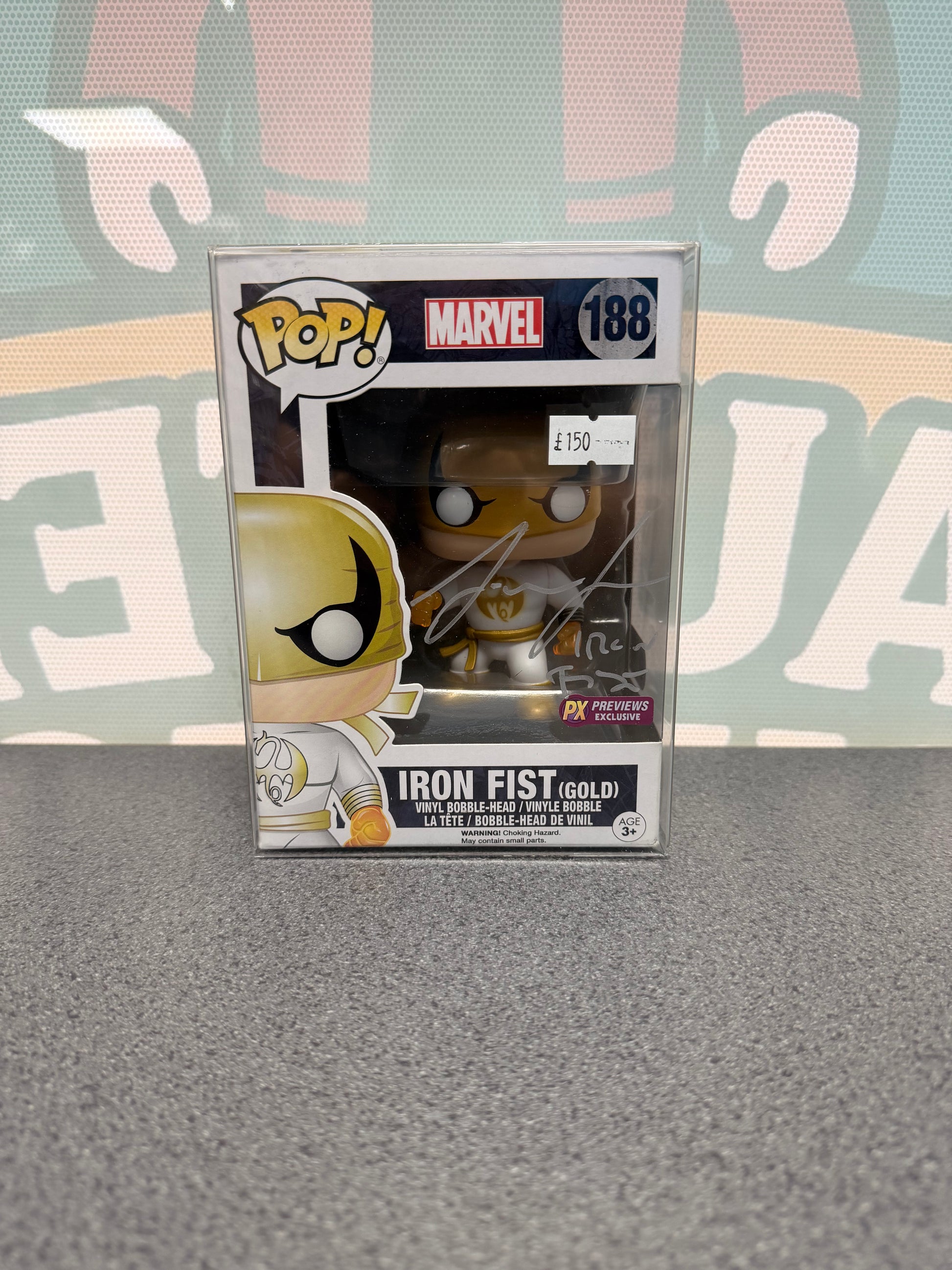 Finn Jones signed Iron Fist (Gold) Funko Pop 188, front box view