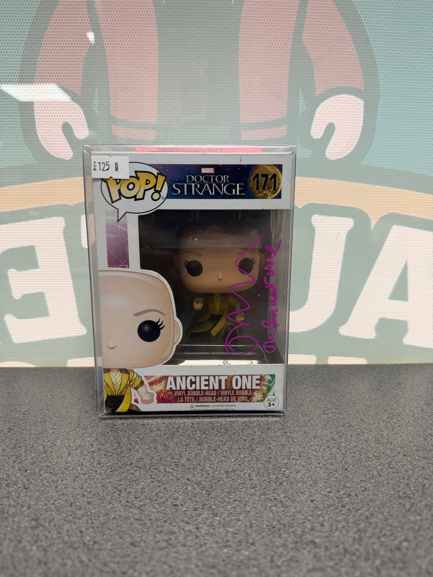 Tilda Swinton signed Ancient One Funko Pop 171, front box view