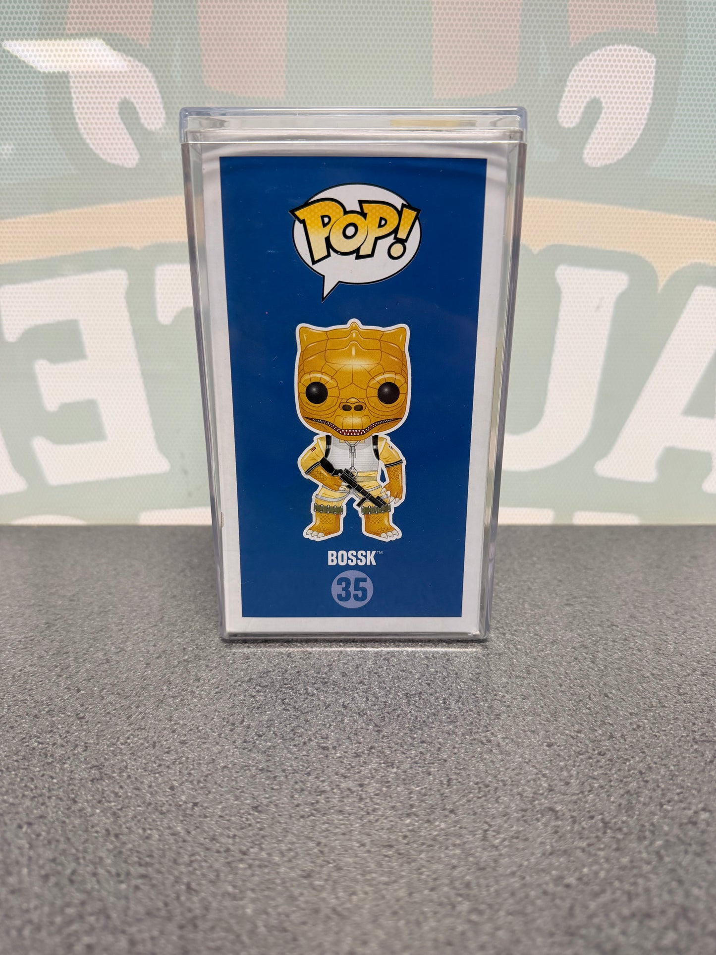 Alan Harris signed Bossk Funko Pop #35 – illustrated side of box