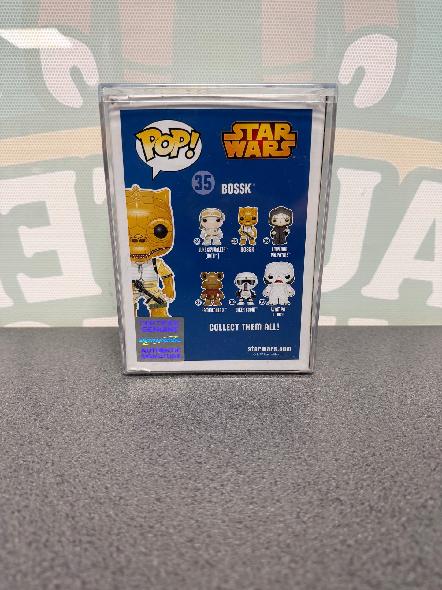 Alan Harris signed Bossk Funko Pop #35 – rear of box