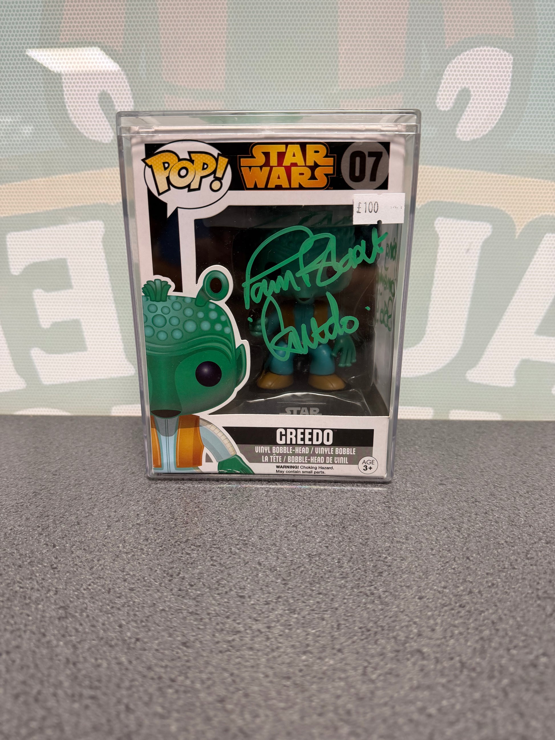Paul Blake signed Greedo Funko Pop #07 – front with green autograph