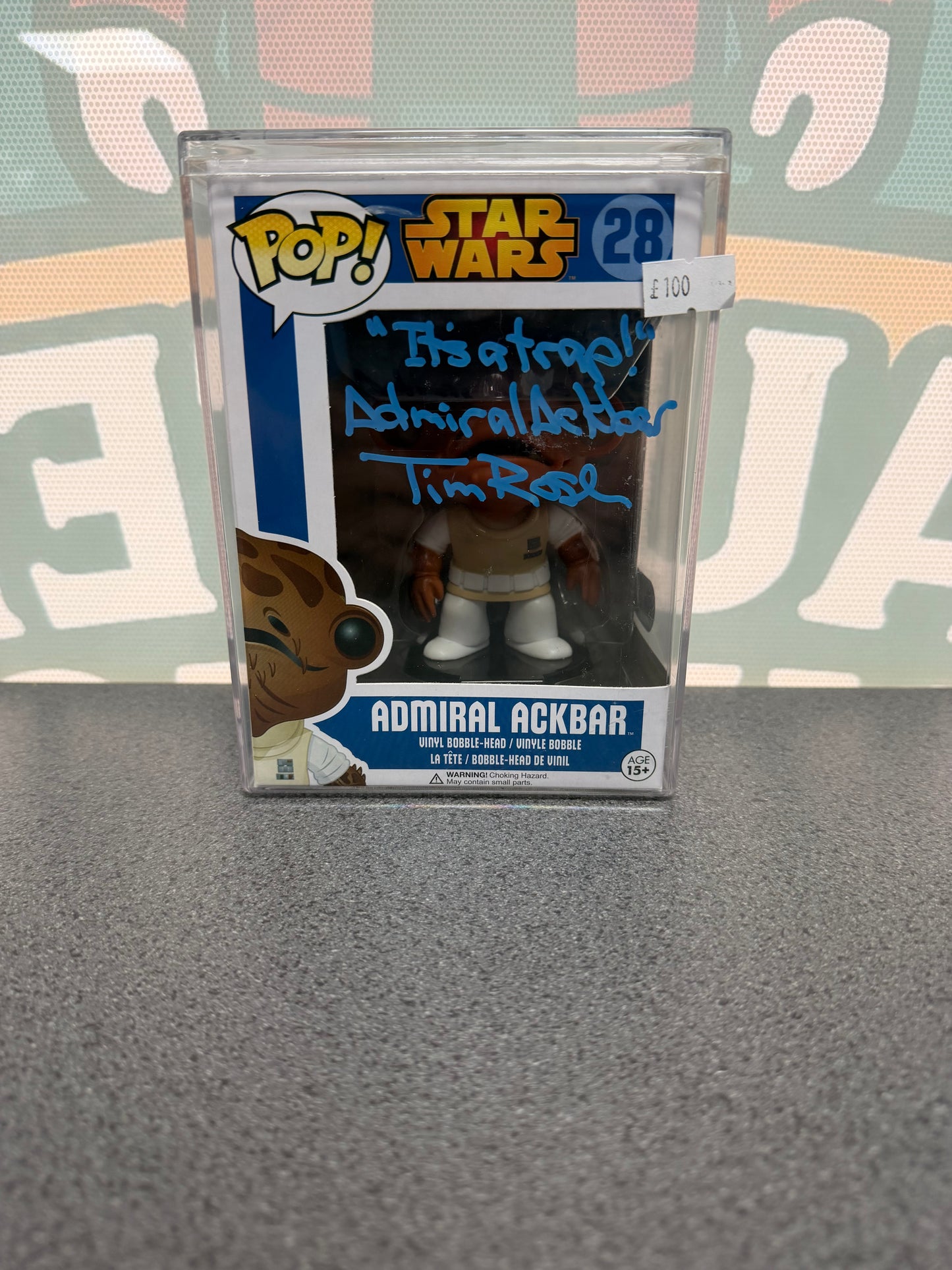 Tim Rose signed Admiral Ackbar Funko Pop #28 – front with blue autograph