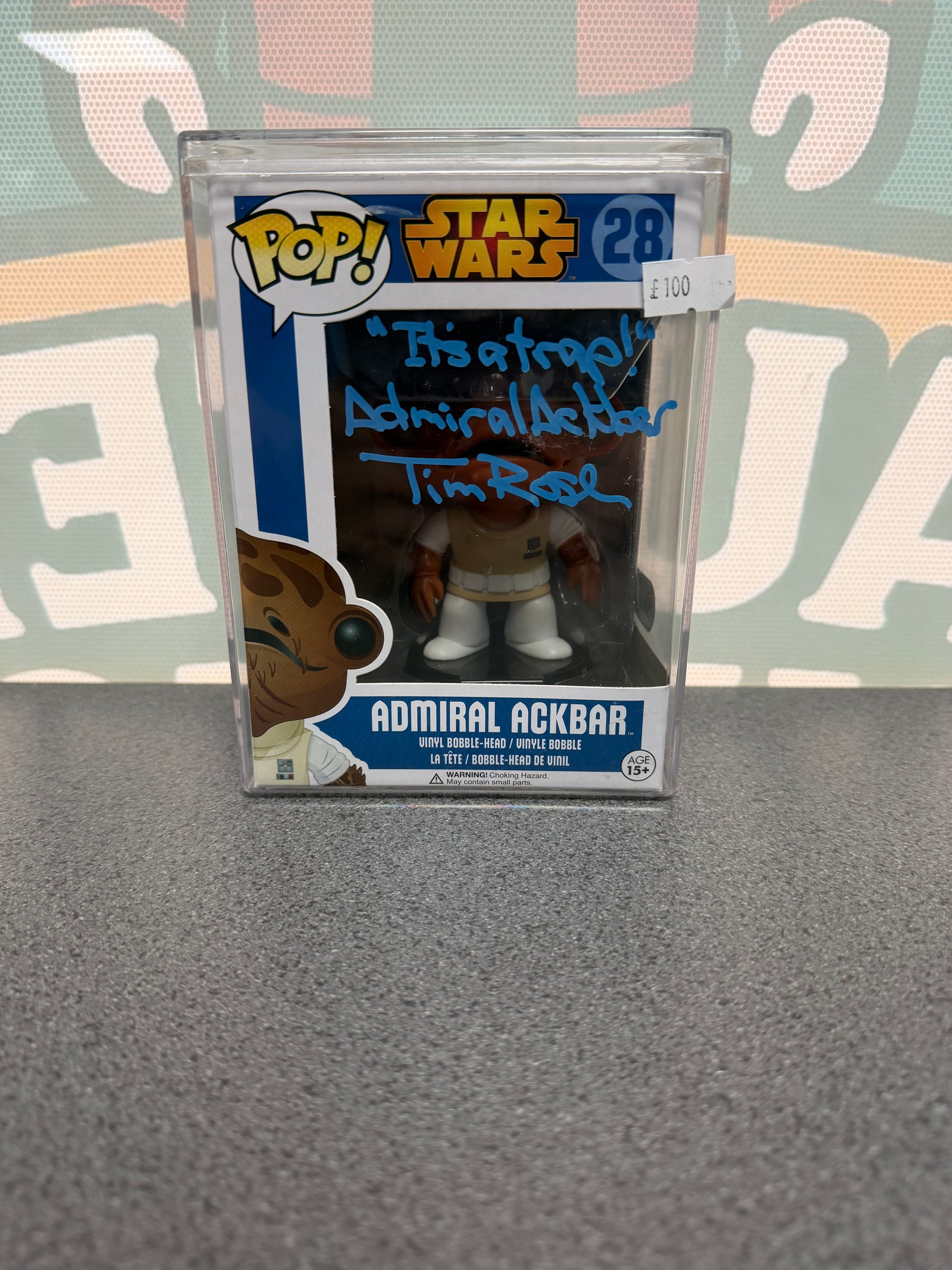 Tim Rose signed Admiral Ackbar Funko Pop #28 – front with blue autograph