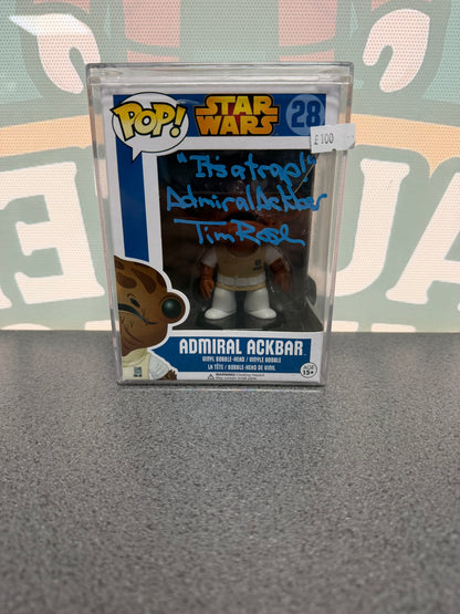 Tim Rose signed Admiral Ackbar Funko Pop #28 – front with blue autograph