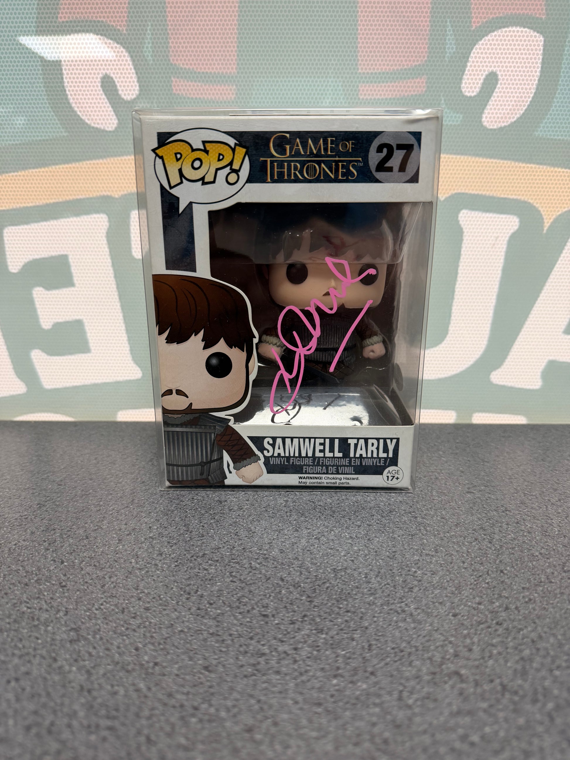 John Bradley signed Samwell Tarly Funko Pop #27 – front with pink autograph