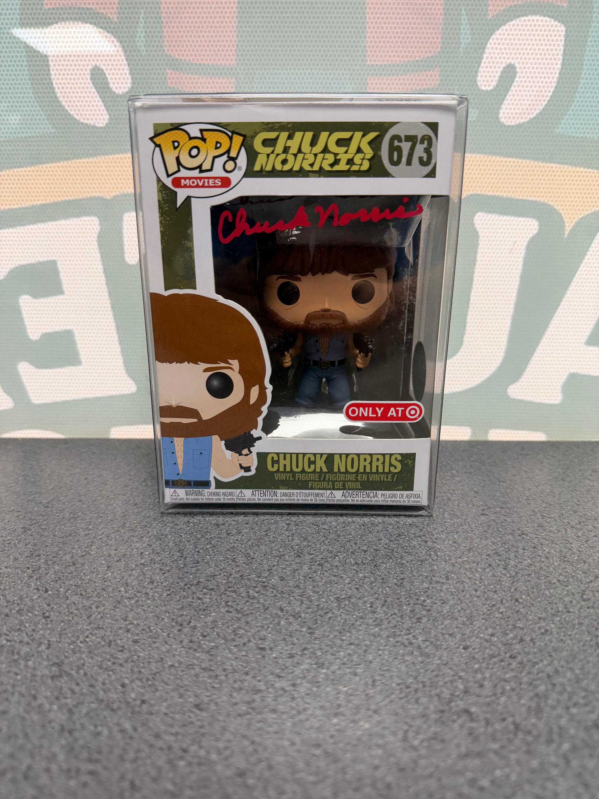 Chuck Norris signed Funko Pop #673 – front with red autograph