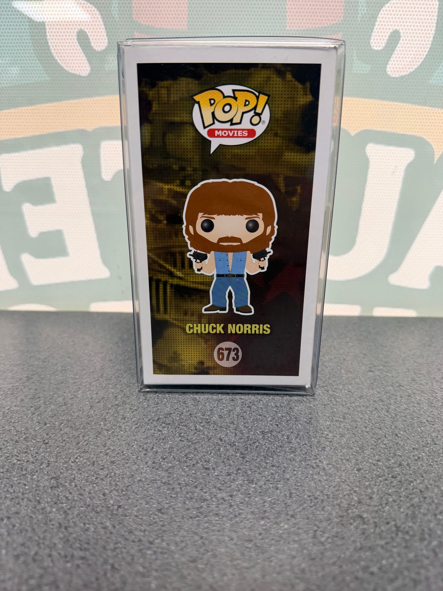 Chuck Norris signed Funko Pop #673 – illustrated side of box