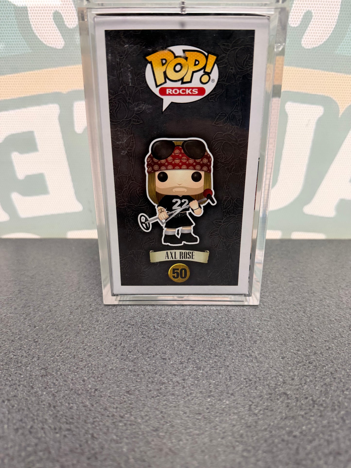 Axl Rose signed Funko Pop #50 – illustrated side of box