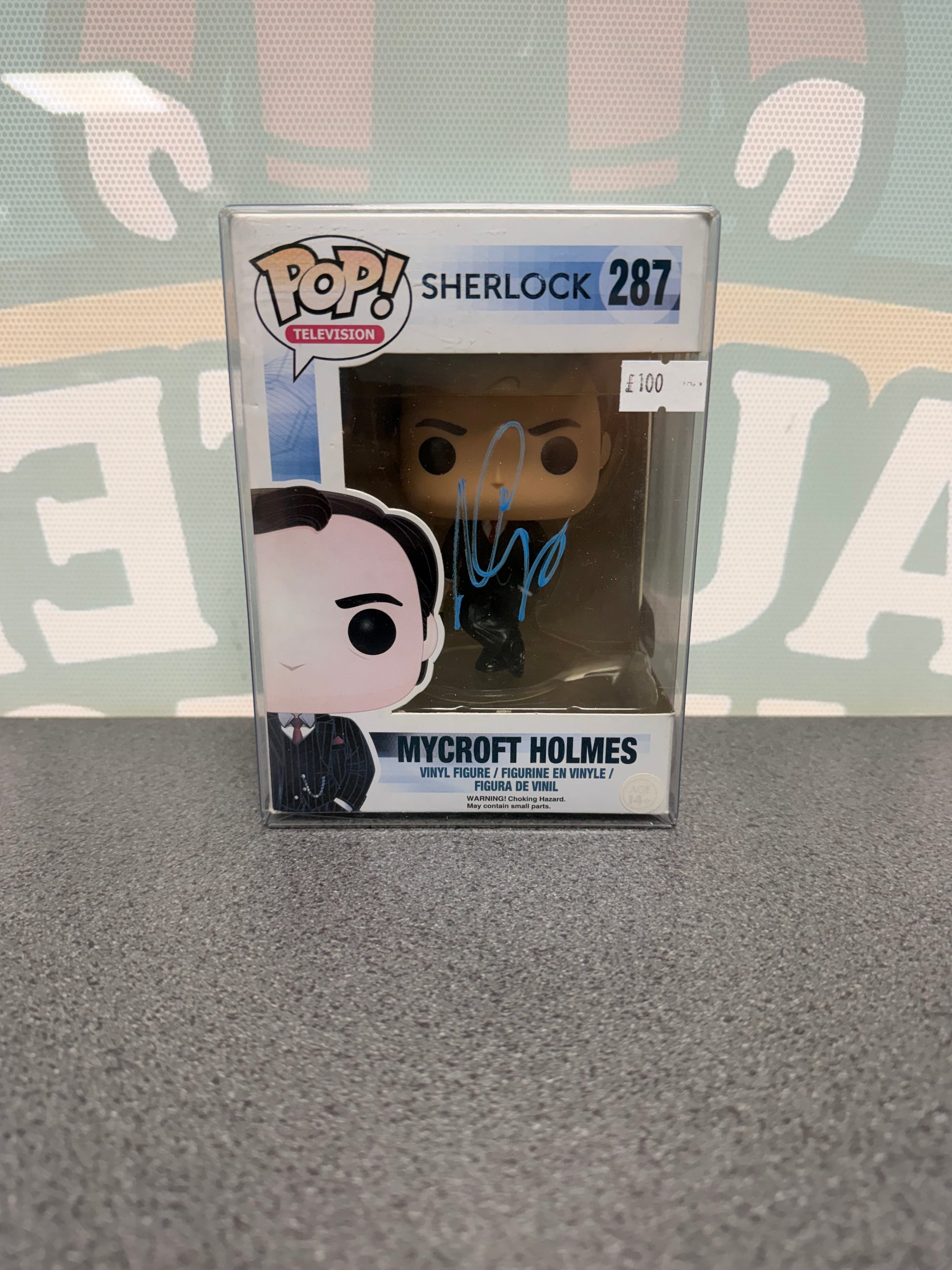 Mark Gatiss signed Mycroft Holmes Funko Pop #287 from Sherlock – front with autograph