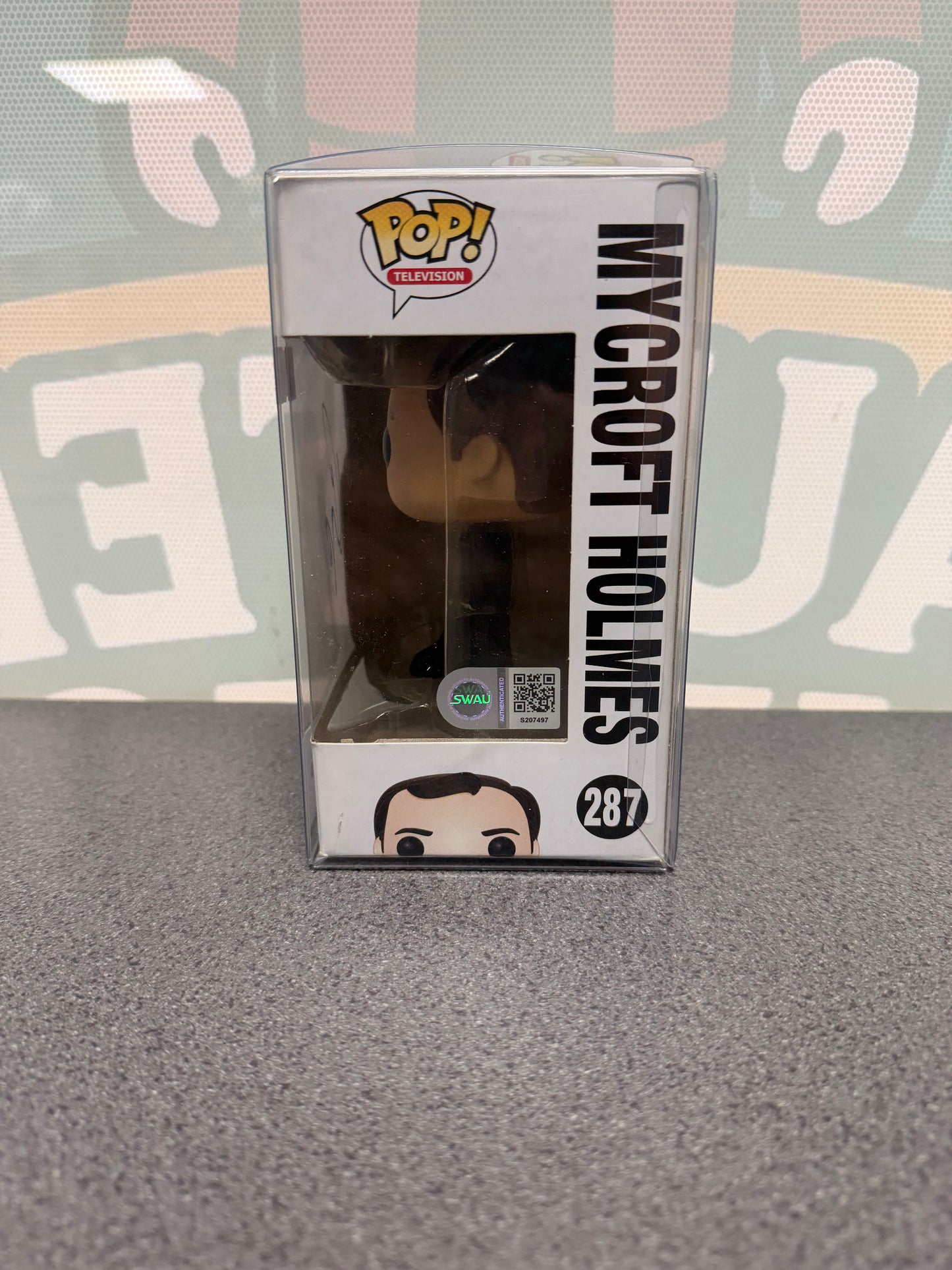Mark Gatiss signed Mycroft Holmes Funko Pop #287 from Sherlock – window side with SWAU S207497 label