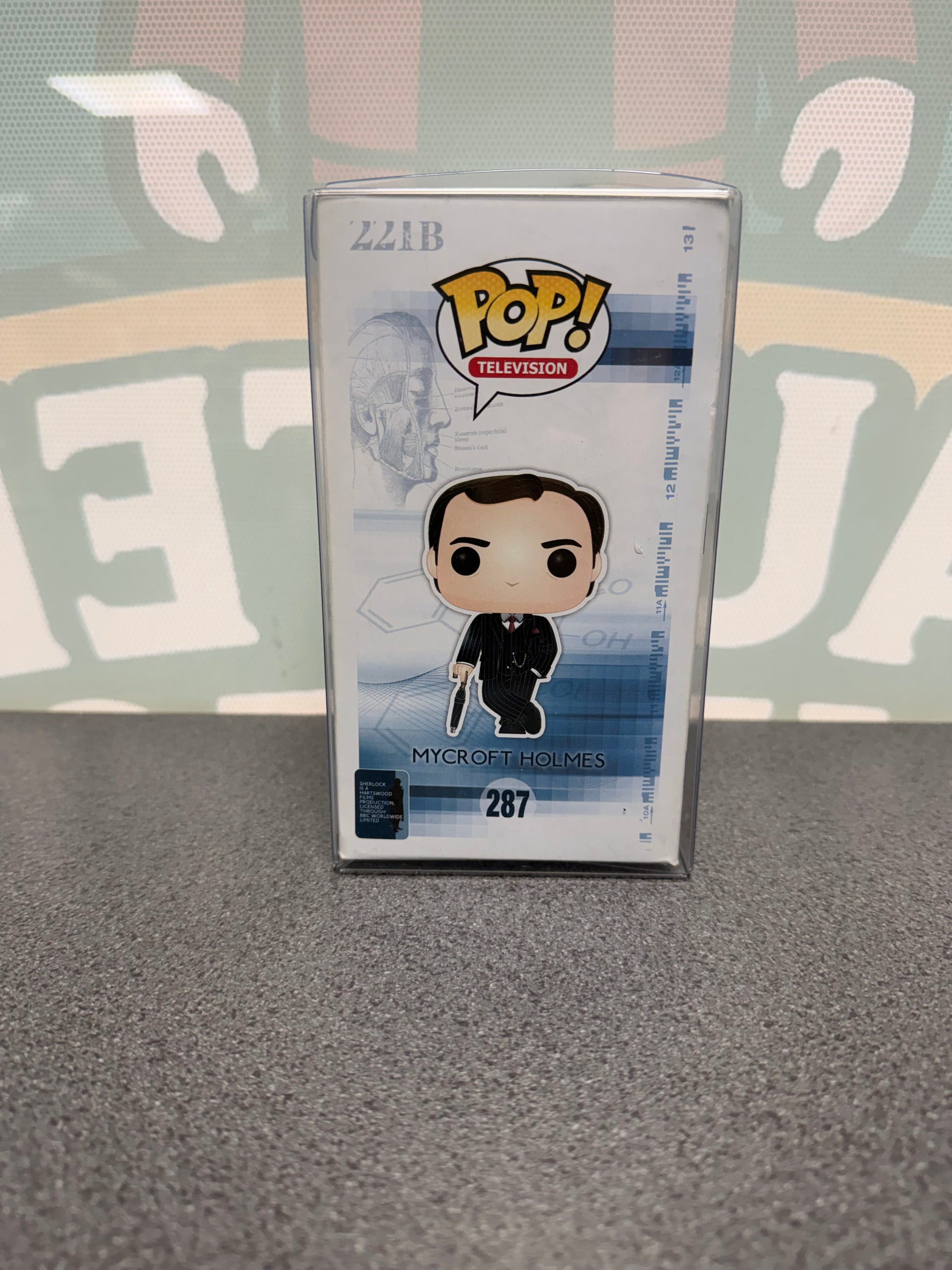 Mark Gatiss signed Mycroft Holmes Funko Pop #287 from Sherlock – illustrated side of the box