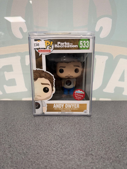 Andy Dwyer Funko Pop #533, Parks and Recreation, Fugitive Toys 500-piece exclusive – front with Fugitive Toys 500-piece sticker