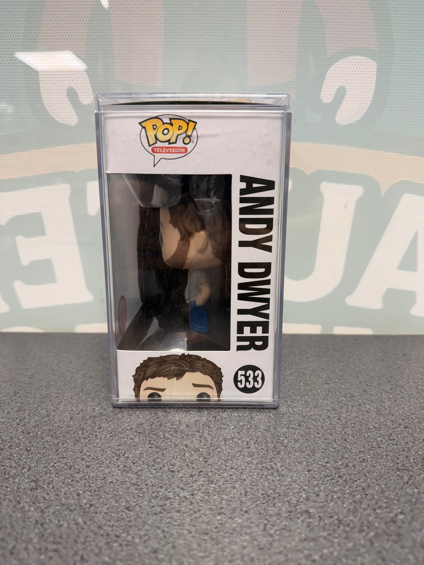 Andy Dwyer Funko Pop #533, Parks and Recreation, Fugitive Toys 500-piece exclusive – window side of the box