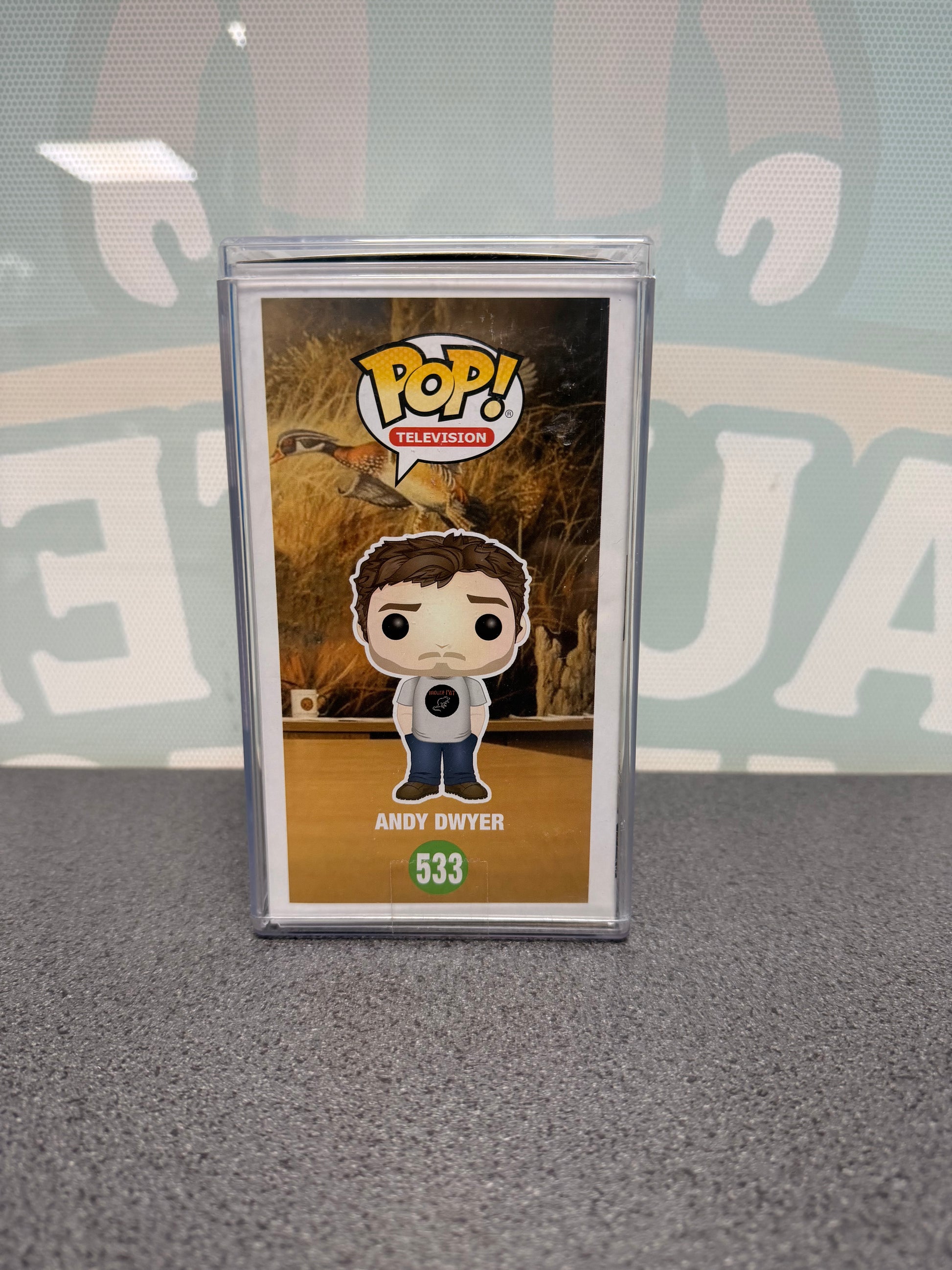 Andy Dwyer Funko Pop #533, Parks and Recreation, Fugitive Toys 500-piece exclusive – illustrated side of the box