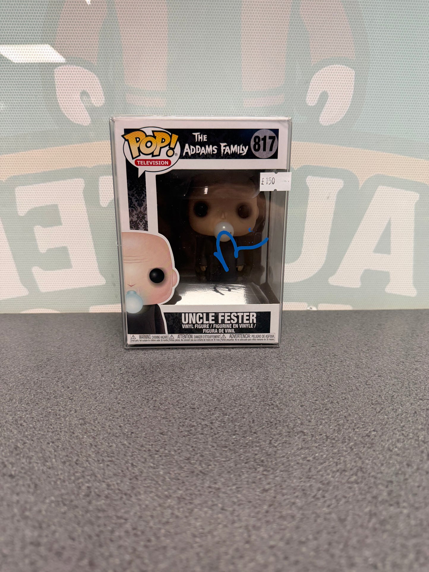 Uncle Fester Funko Pop! #817 – front of box with autograph