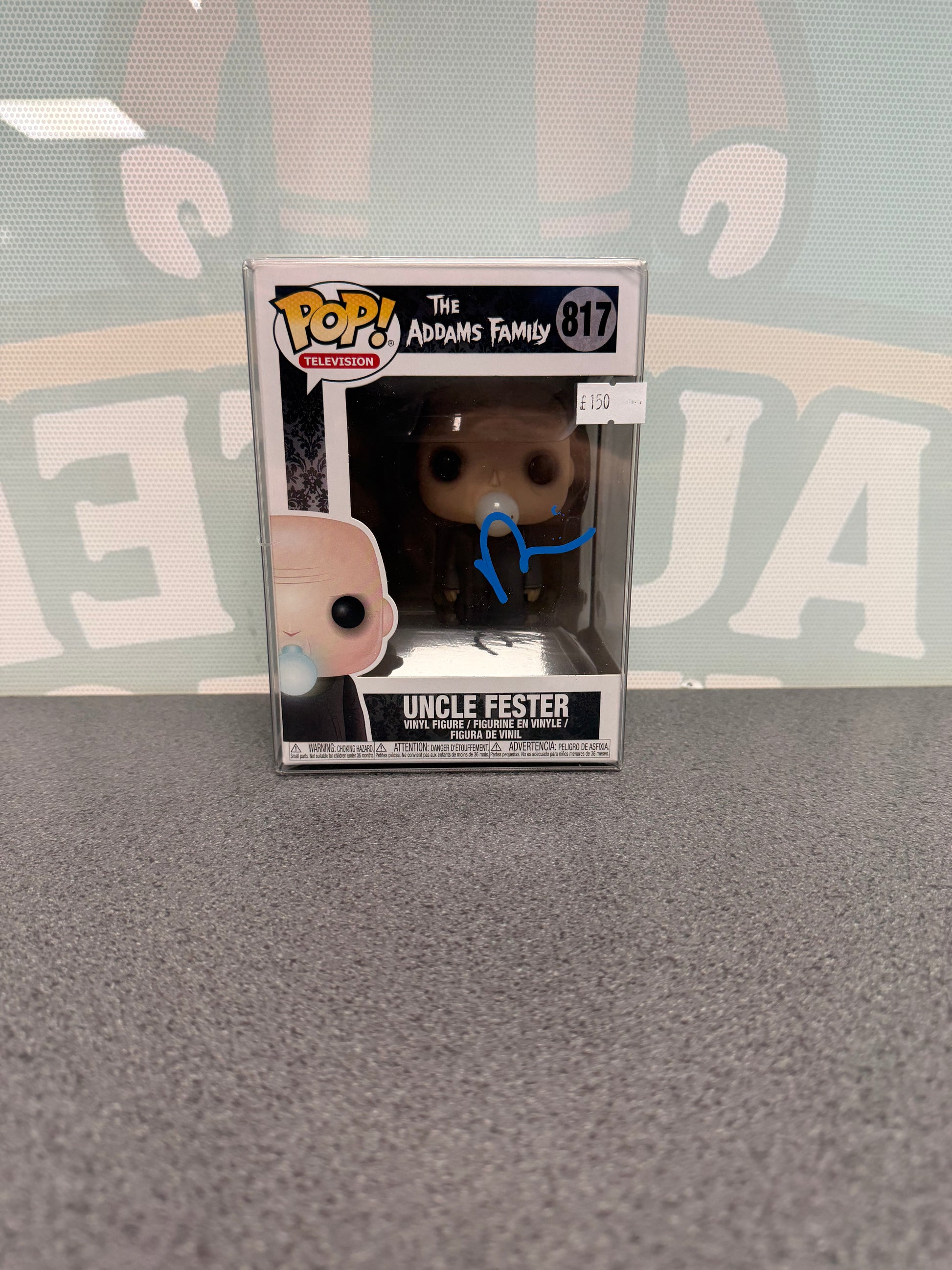 Uncle Fester Funko Pop! #817 – front of box with autograph