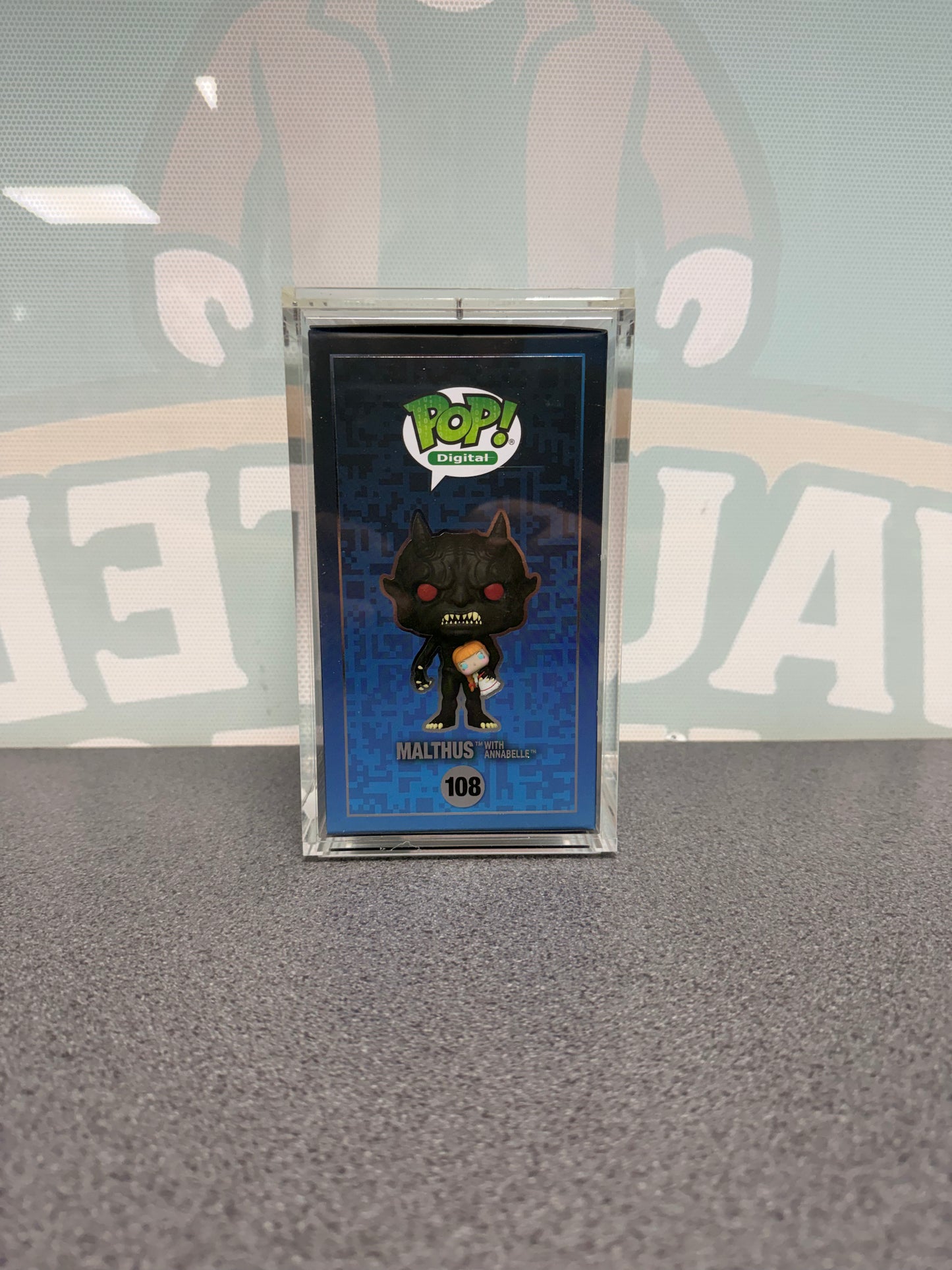 Malthus with Annabelle Funko Pop! Digital #108 – illustrated side panel of box