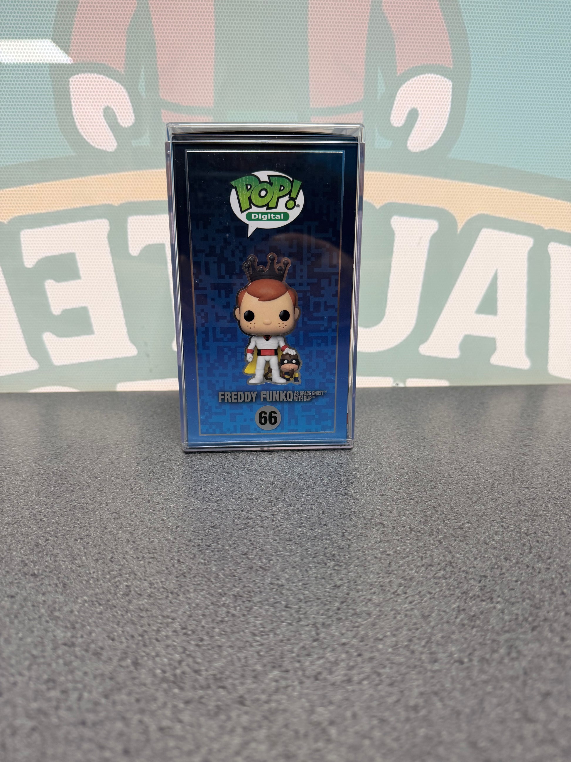 Freddy Funko as Space Ghost with Blip Funko Pop! Digital #66 – illustrated side panel of box