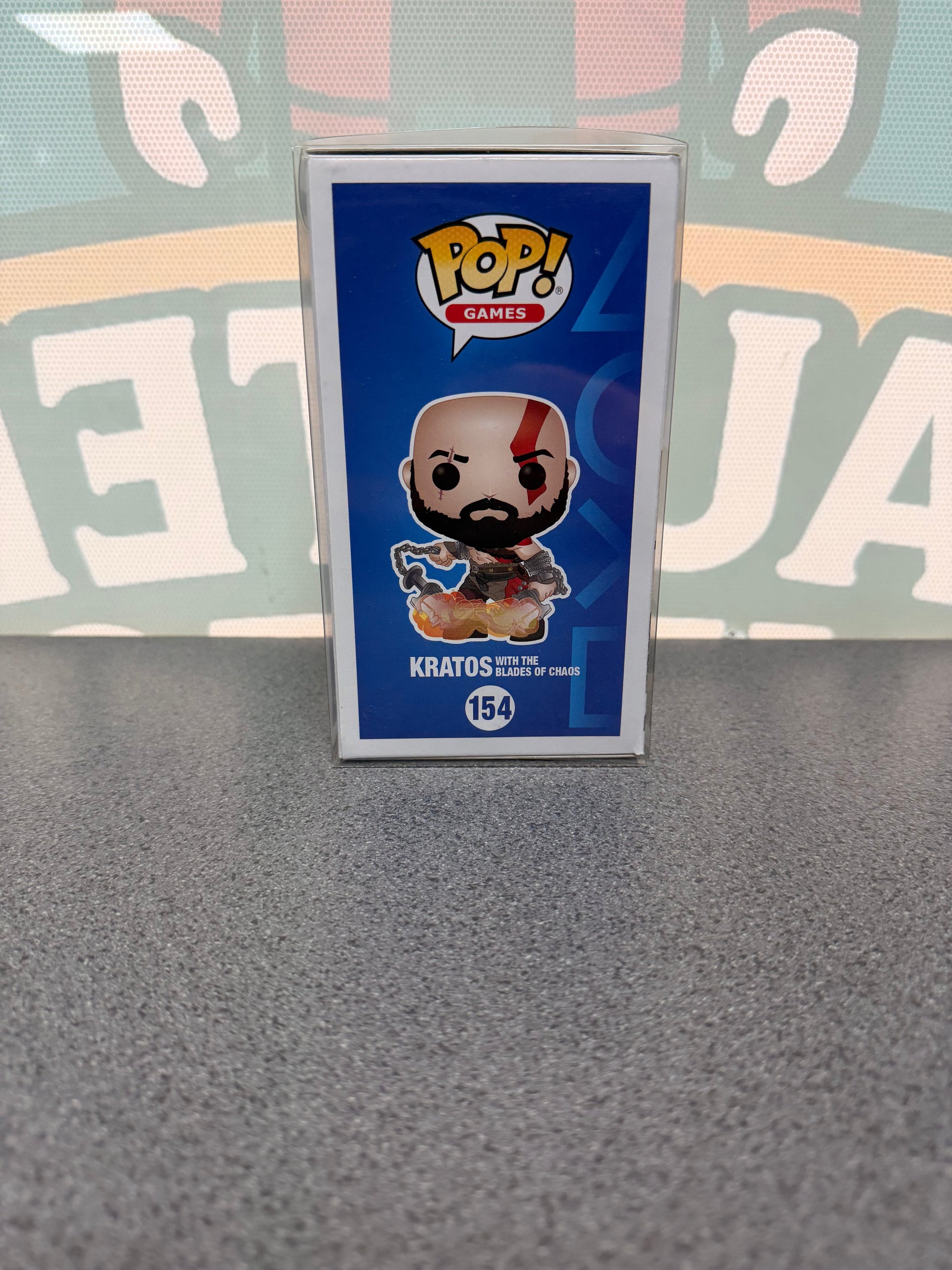 Kratos with the Blades of Chaos Funko Pop! #154 Glow in the Dark – Funko Club Exclusive – God of War – illustrated side of box