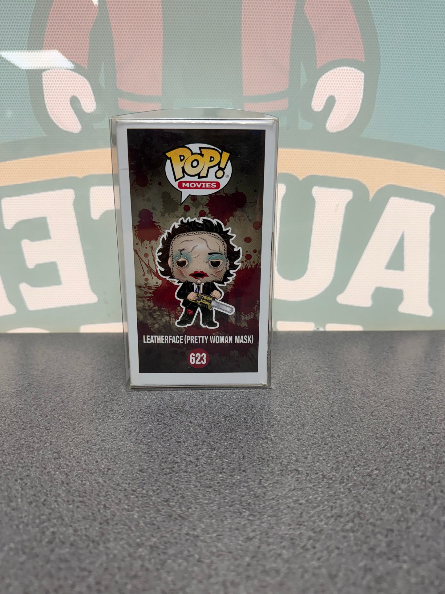 Leatherface (Pretty Woman Mask) Funko Pop! #623 Hot Topic Exclusive – The Texas Chainsaw Massacre – illustrated side of box