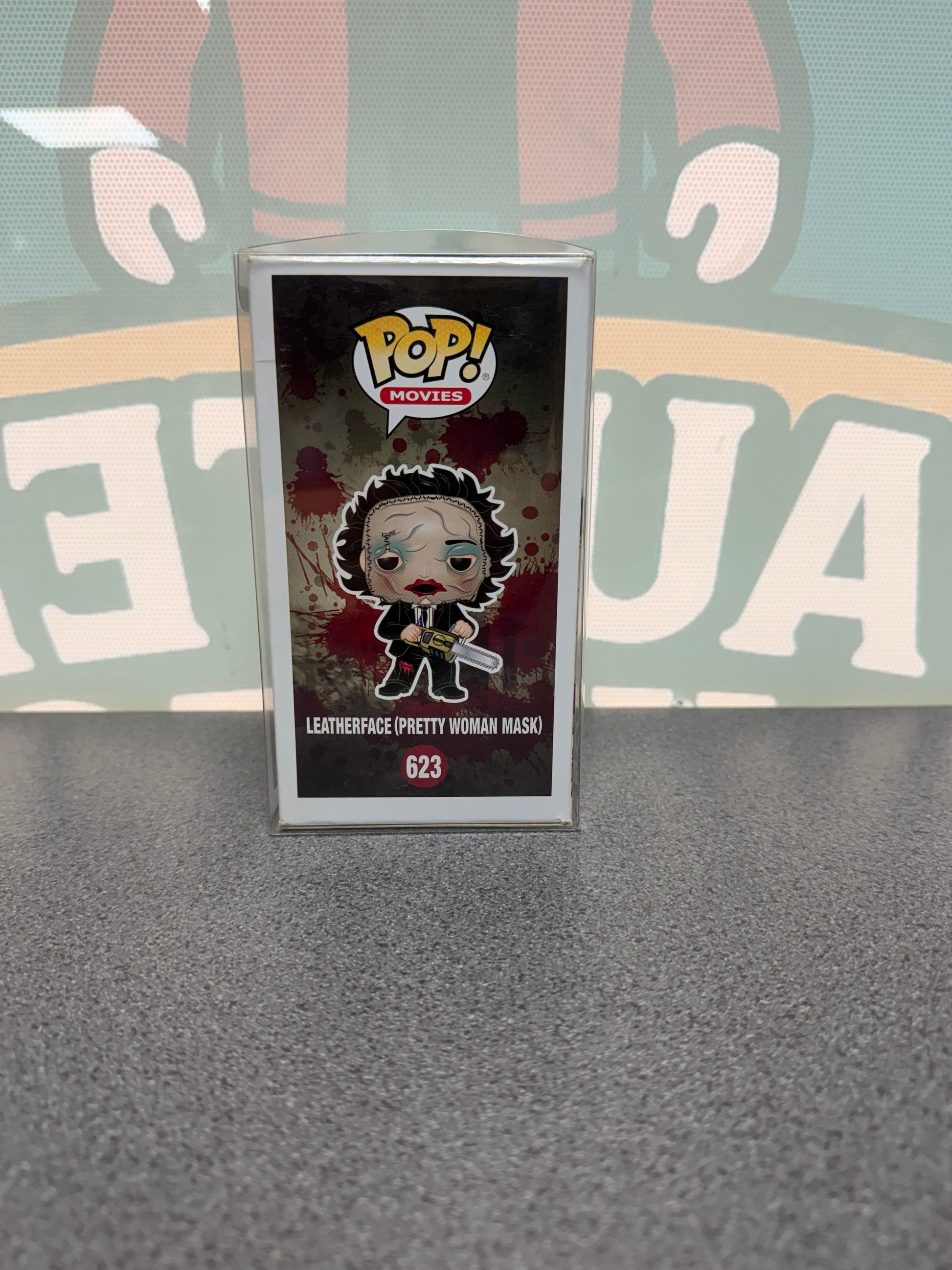 Leatherface (Pretty Woman Mask) Funko Pop! #623 Hot Topic Exclusive – The Texas Chainsaw Massacre – illustrated side of box