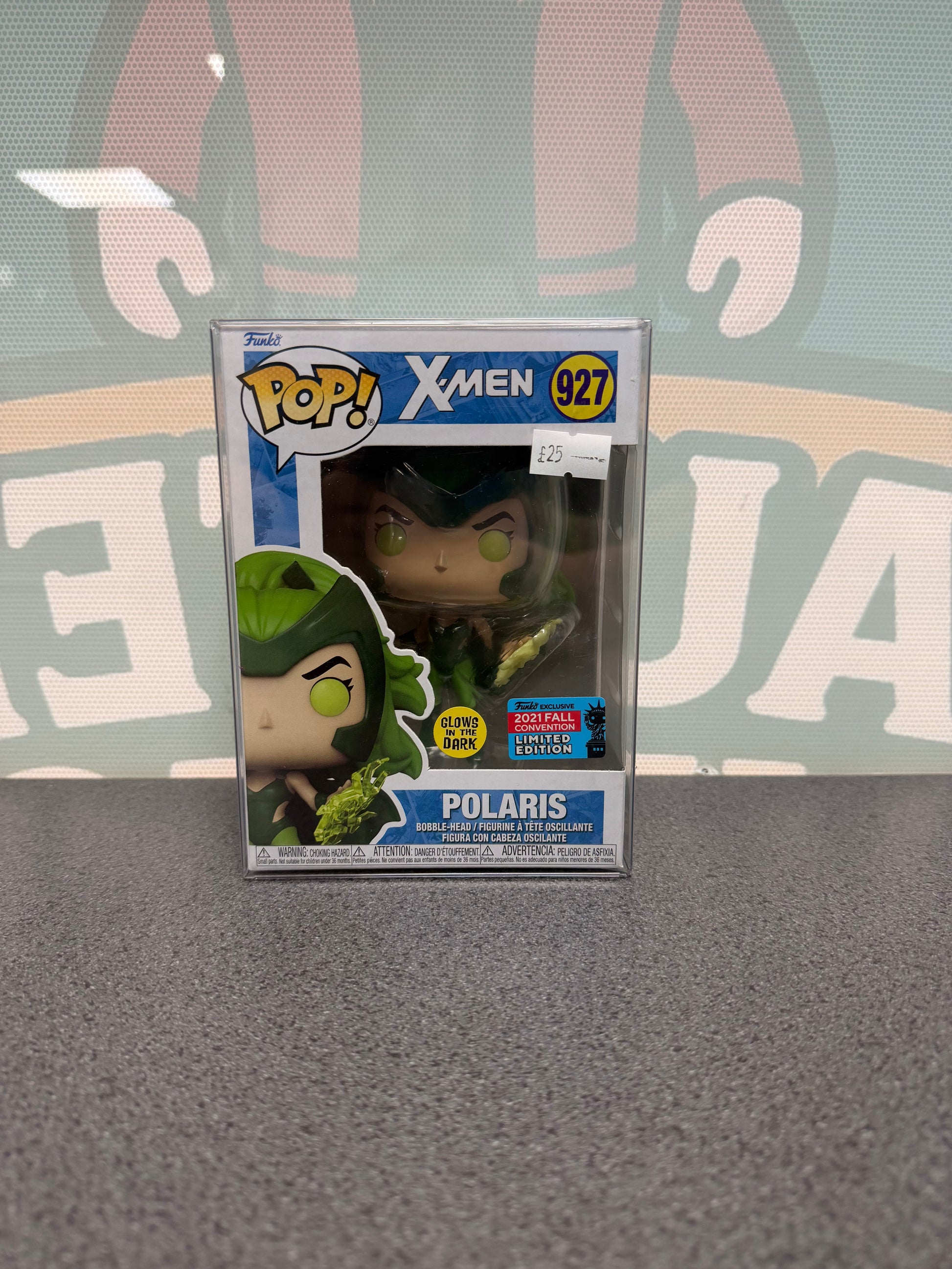 Polaris #927 Glow in the Dark – 2021 Fall Convention Funko Pop! from Marvel X-Men – front of box and figure