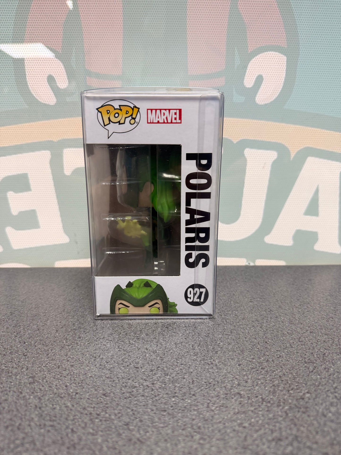 Polaris #927 Glow in the Dark – 2021 Fall Convention Funko Pop! from Marvel X-Men – window side of box
