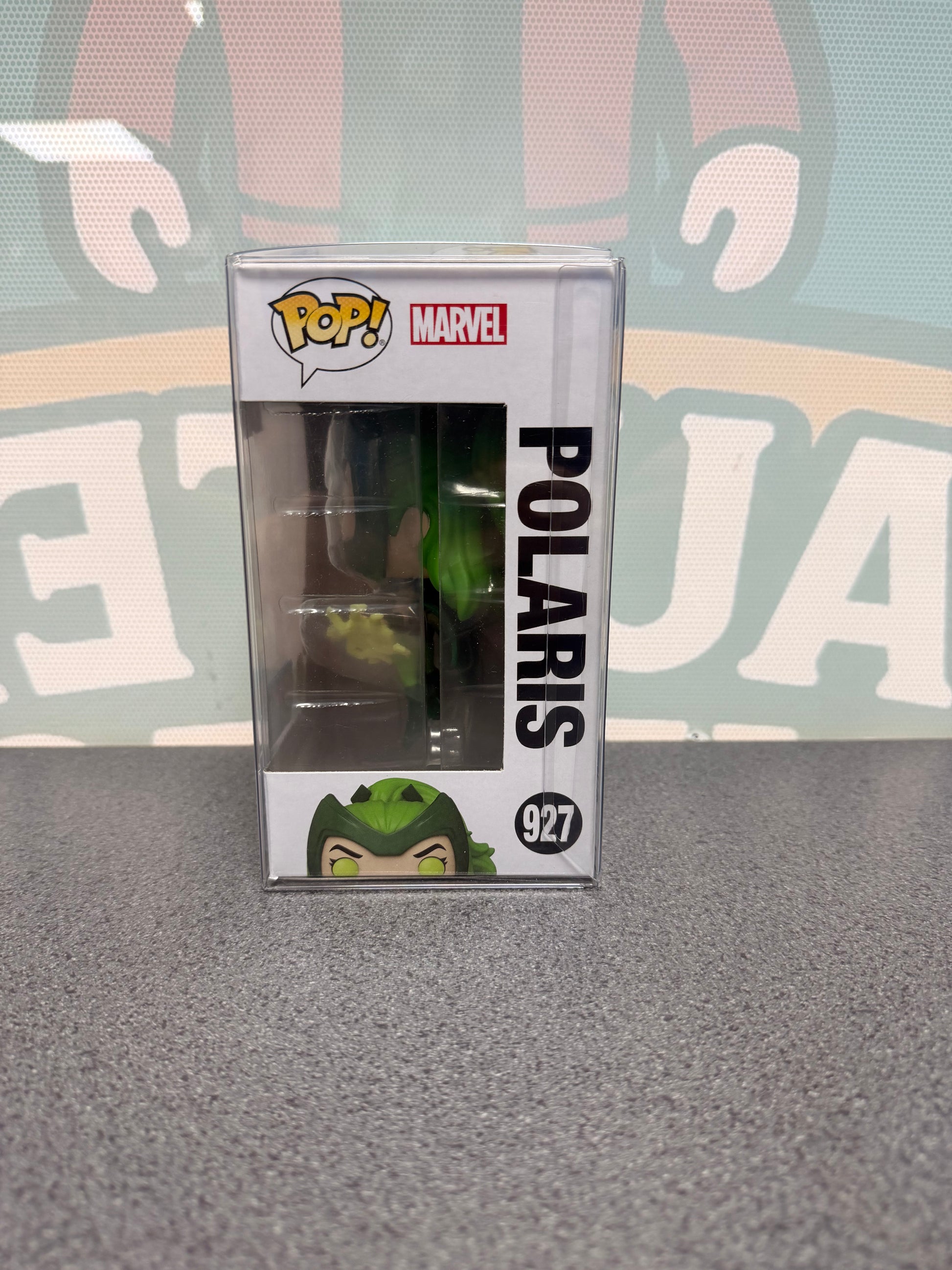 Polaris #927 Glow in the Dark – 2021 Fall Convention Funko Pop! from Marvel X-Men – window side of box