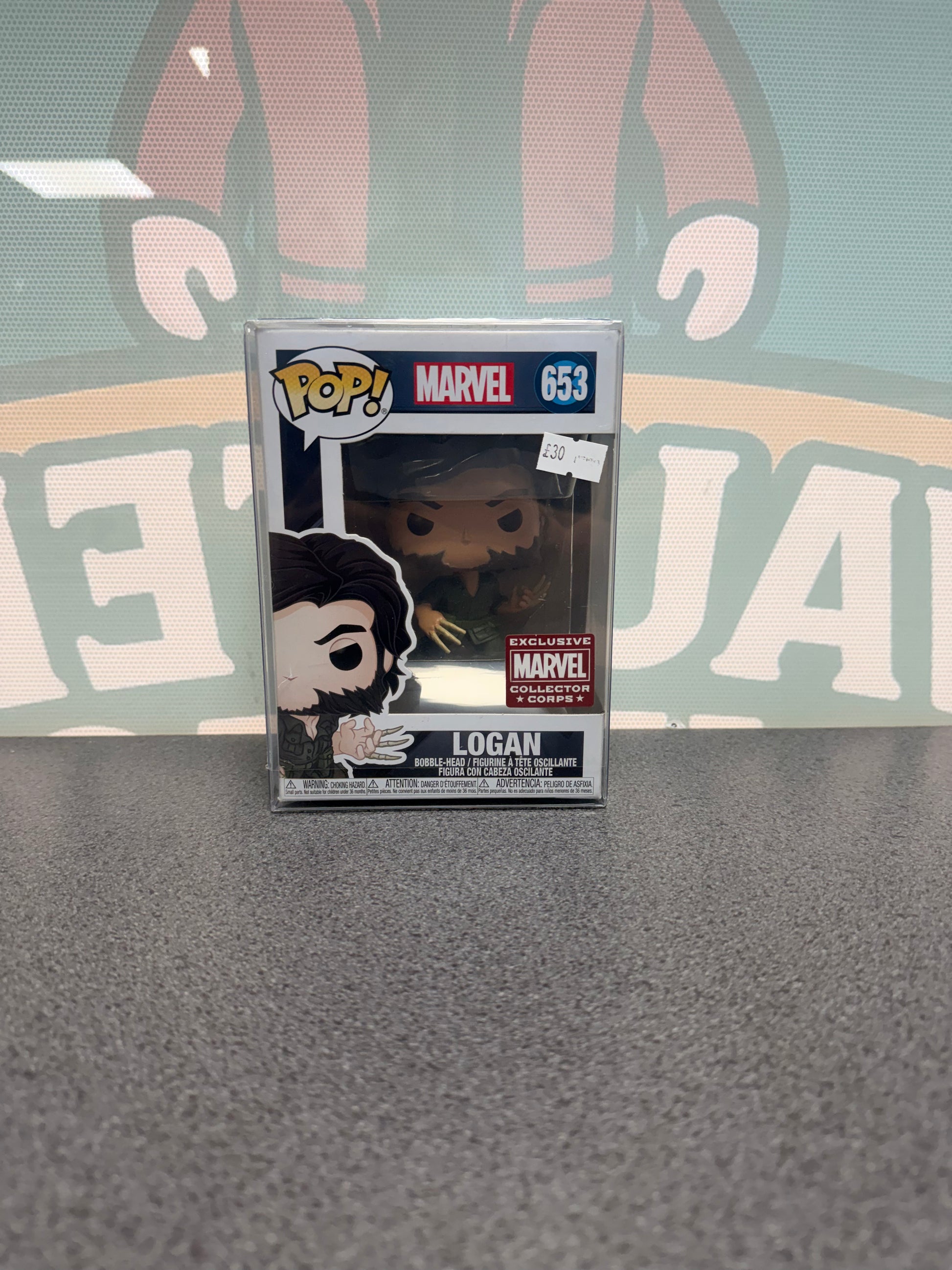 Logan #653 Marvel Collector Corps Exclusive Funko Pop! from X-Men Origins: Wolverine – front of box and figure