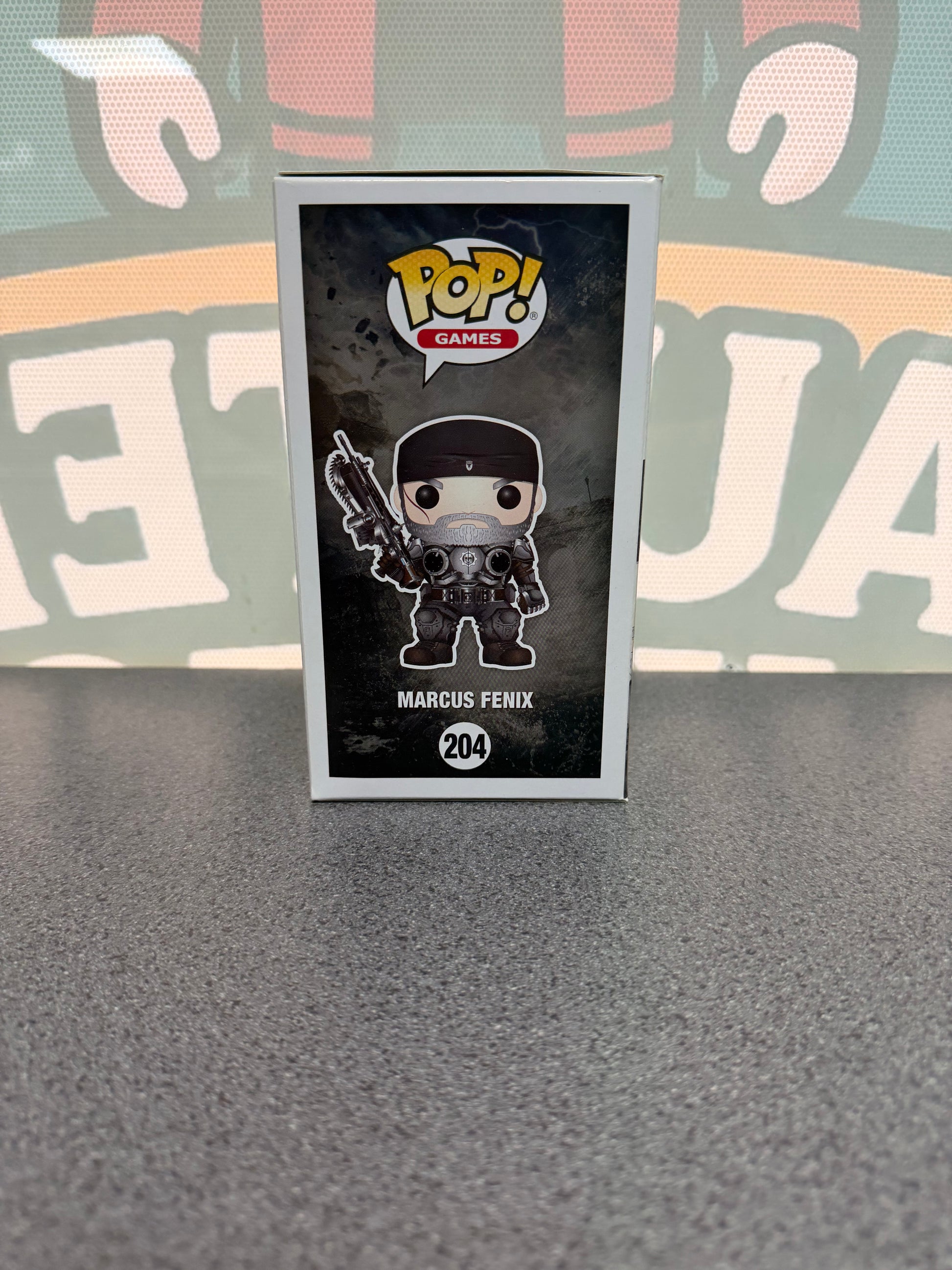 Marcus Fenix Funko Pop! #204 from Gears of War – illustrated side of box