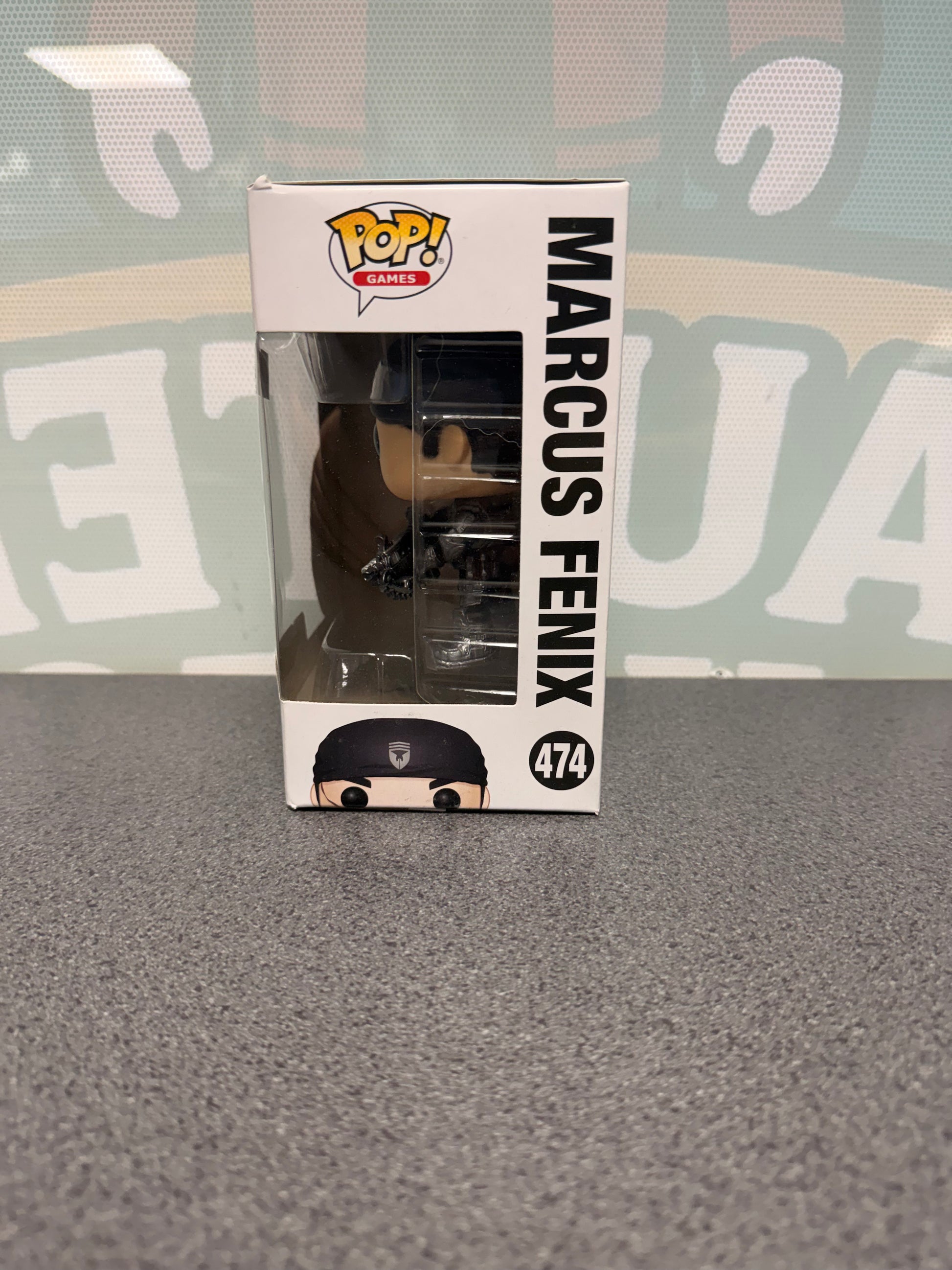 Marcus Fenix Funko Pop! #474 from Gears of War – window side of box