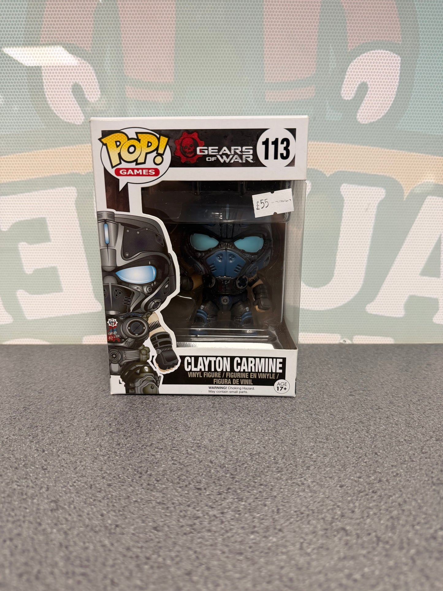 Clayton Carmine Funko Pop! #113 from Gears of War – front of box and figure