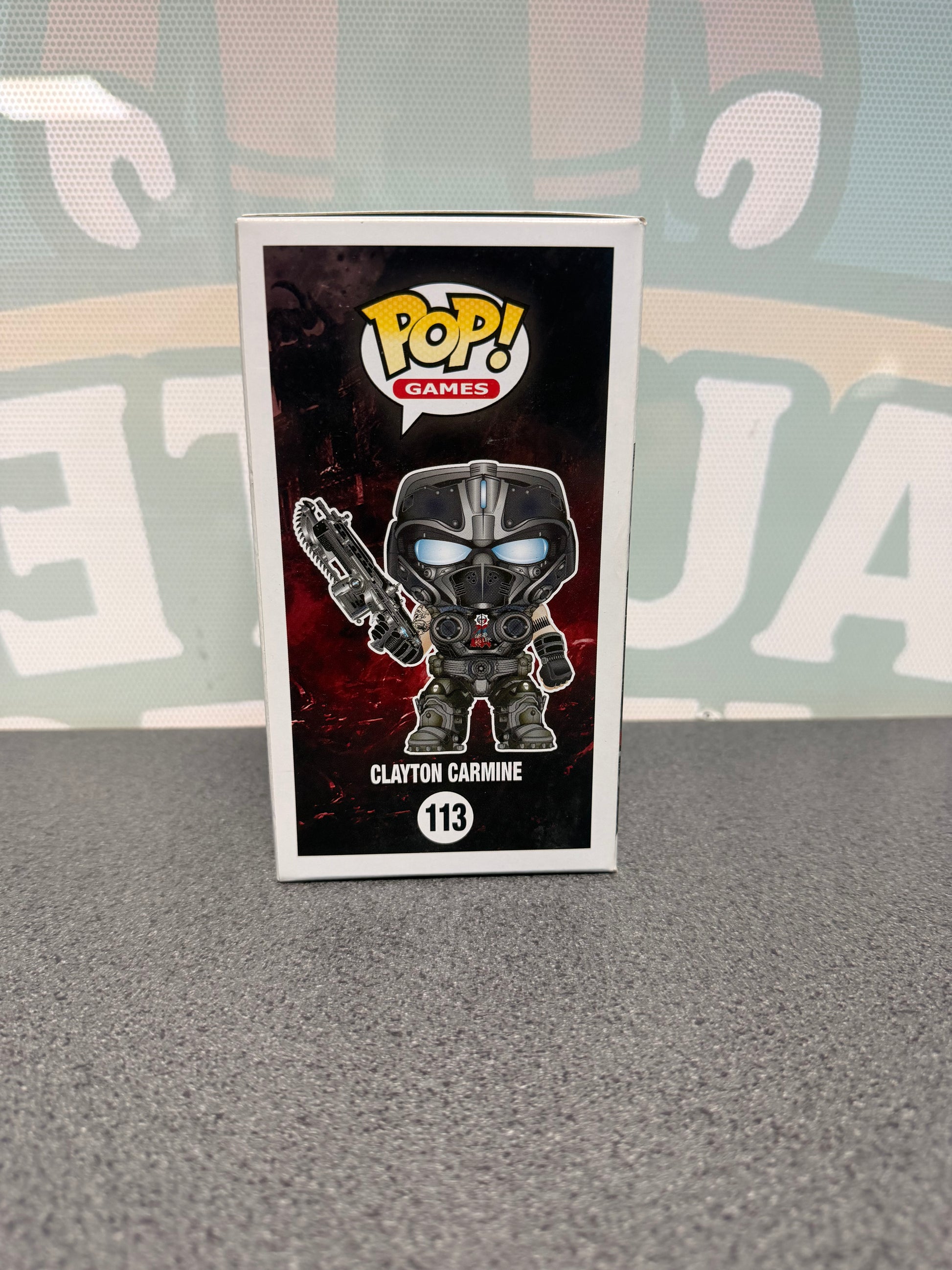 Clayton Carmine Funko Pop! #113 from Gears of War – illustrated side of box