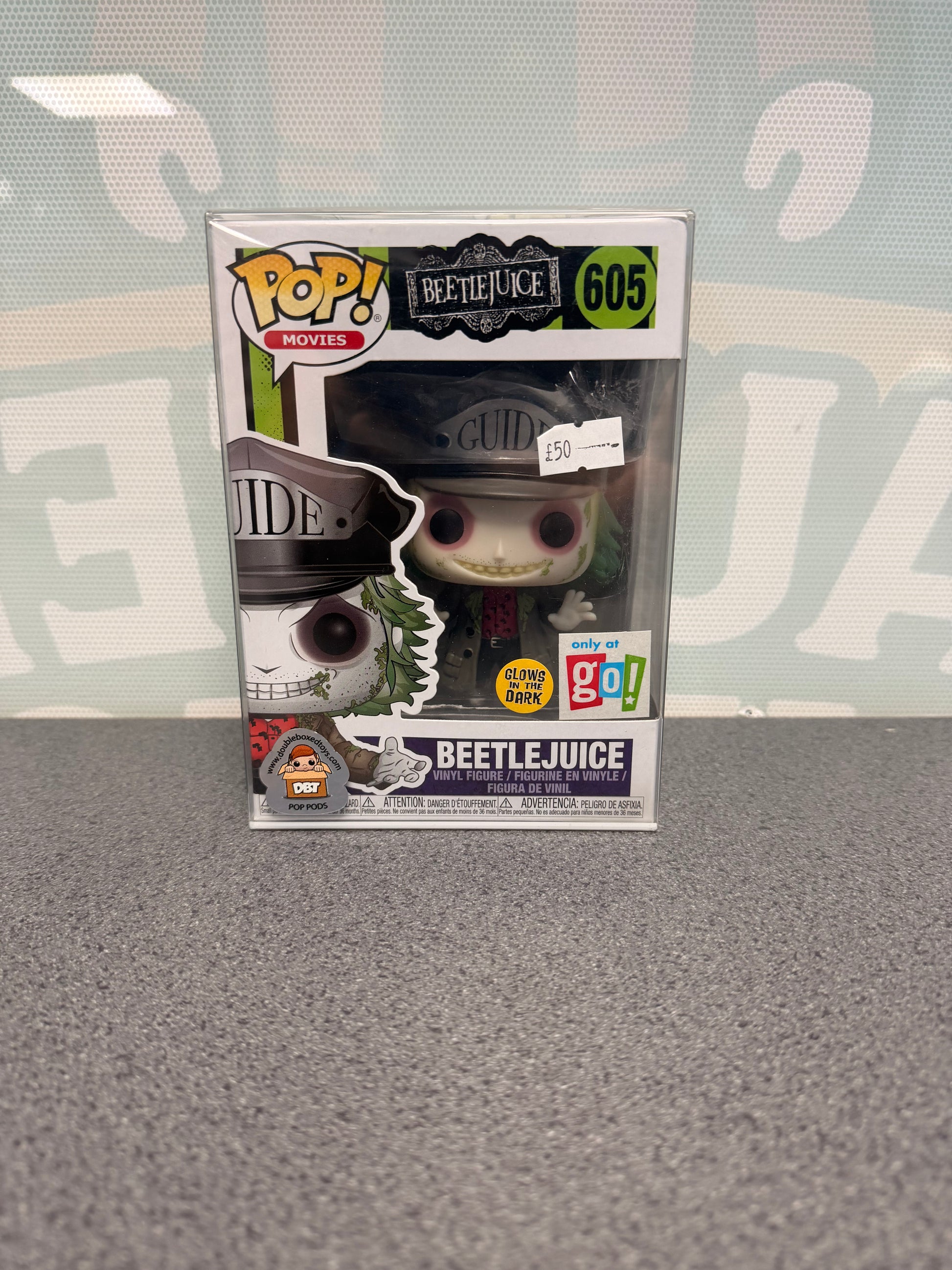 Beetlejuice Funko Pop! #605 Glow in the Dark – Go! Exclusive – front of box and figure