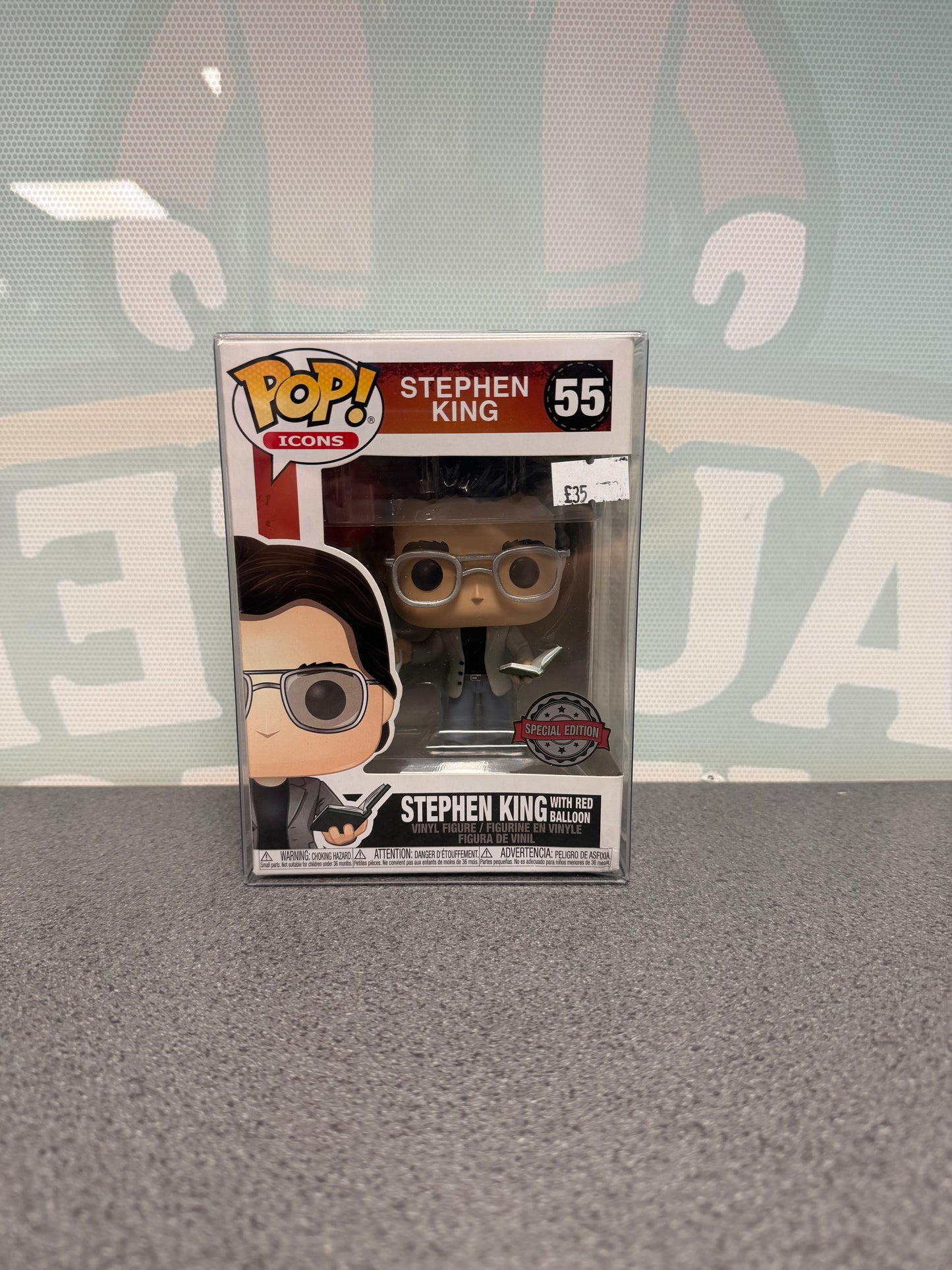 Stephen King with Red Balloon Funko Pop! #55 Special Edition – front of box and figure