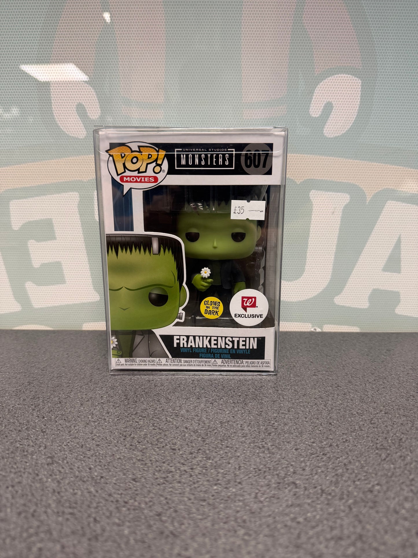 Frankenstein Funko Pop! #607 Glow in the Dark – Walgreens Exclusive – front of box and figure