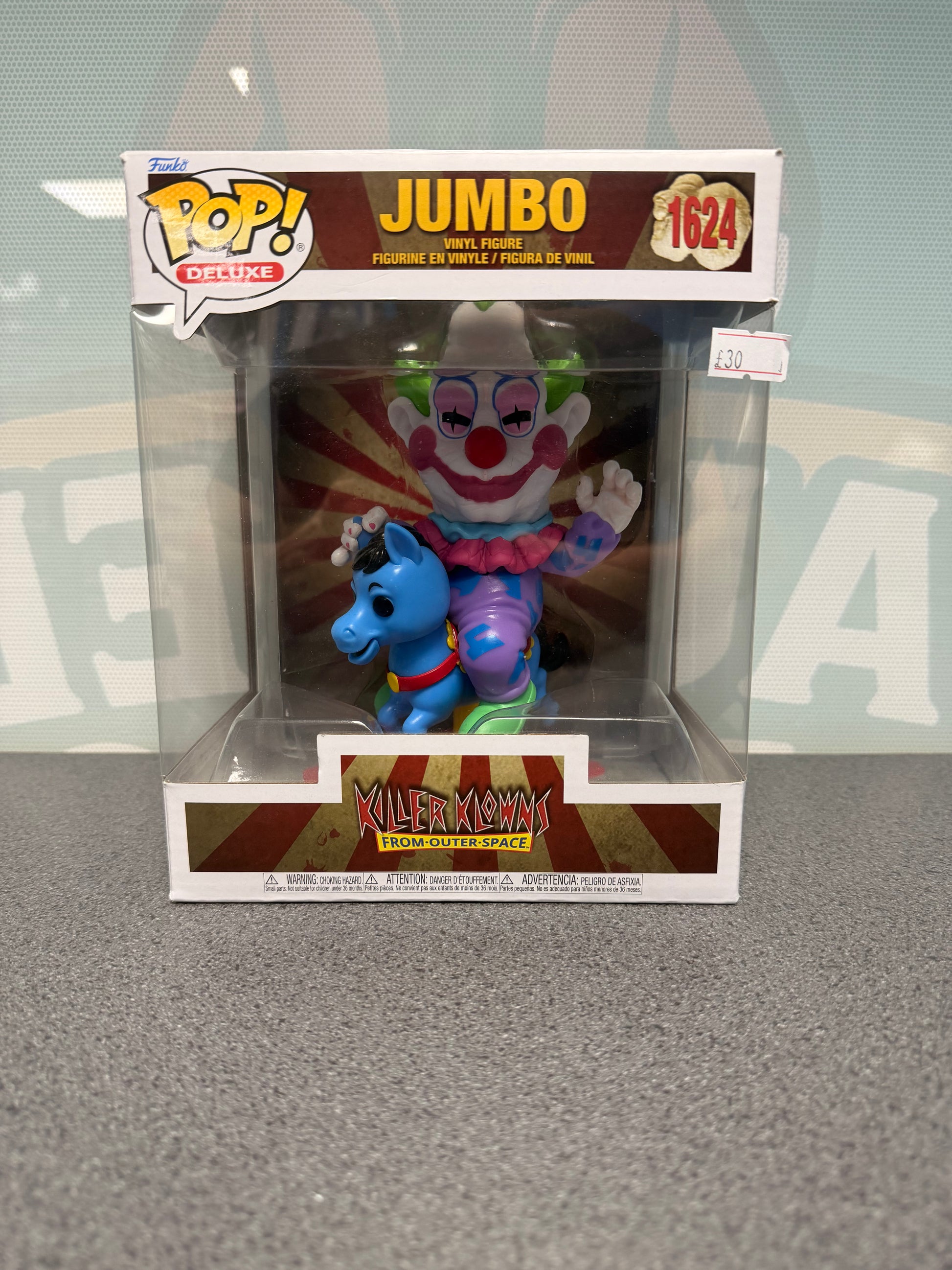 Jumbo on Carousel Horse #1624 Pop! Deluxe Funko Pop! from Killer Klowns from Outer Space – front of box and figure