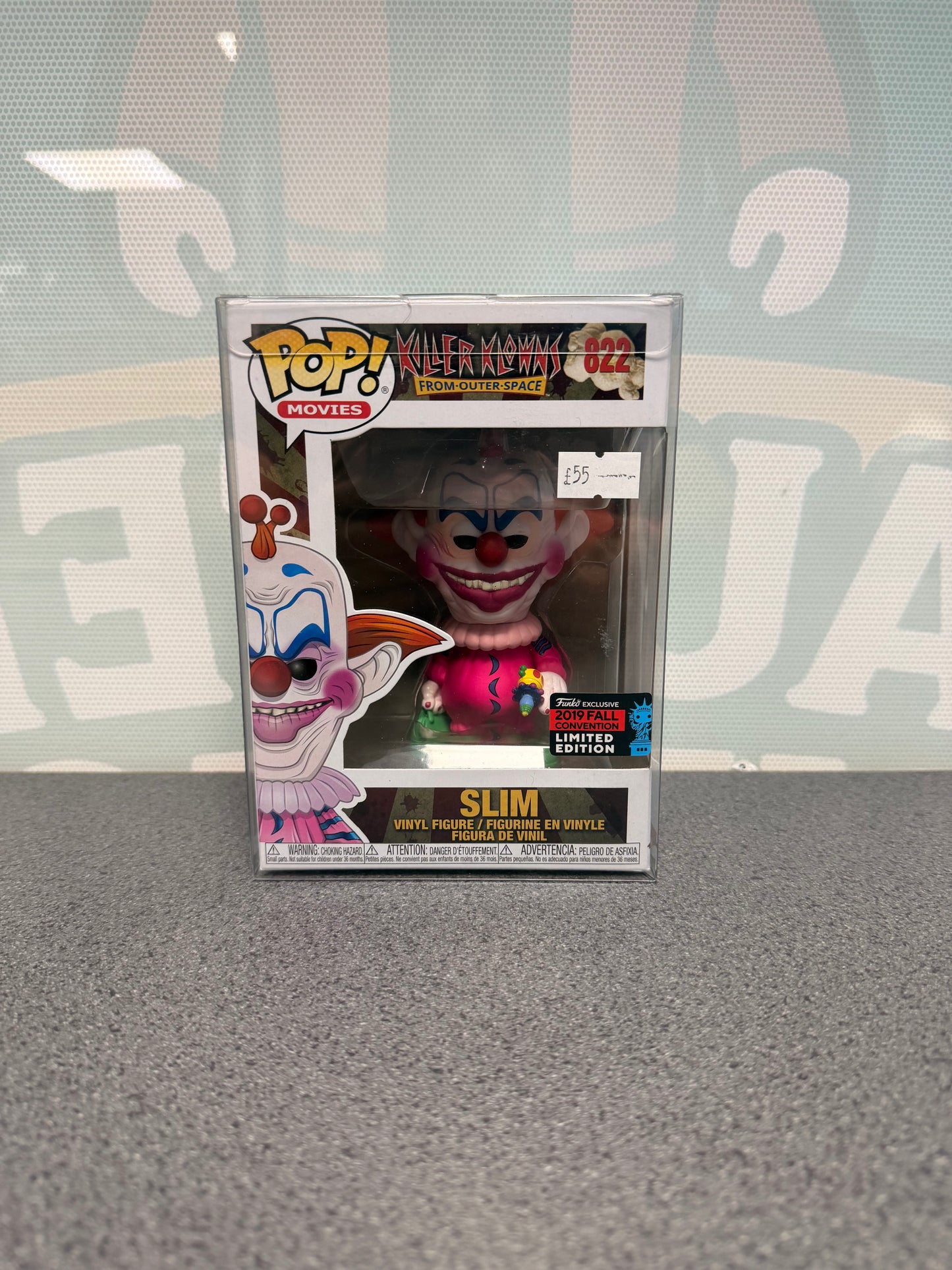 Slim #822 2019 Fall Convention Funko Pop! from Killer Klowns from Outer Space – front of box and figure