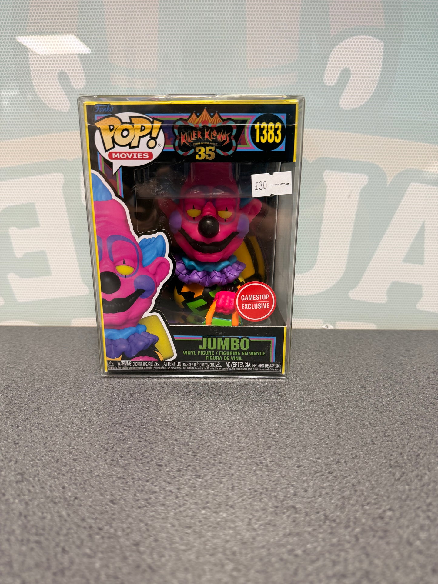 Jumbo #1383 Blacklight GameStop Exclusive Funko Pop! from Killer Klowns from Outer Space – front of box and figure